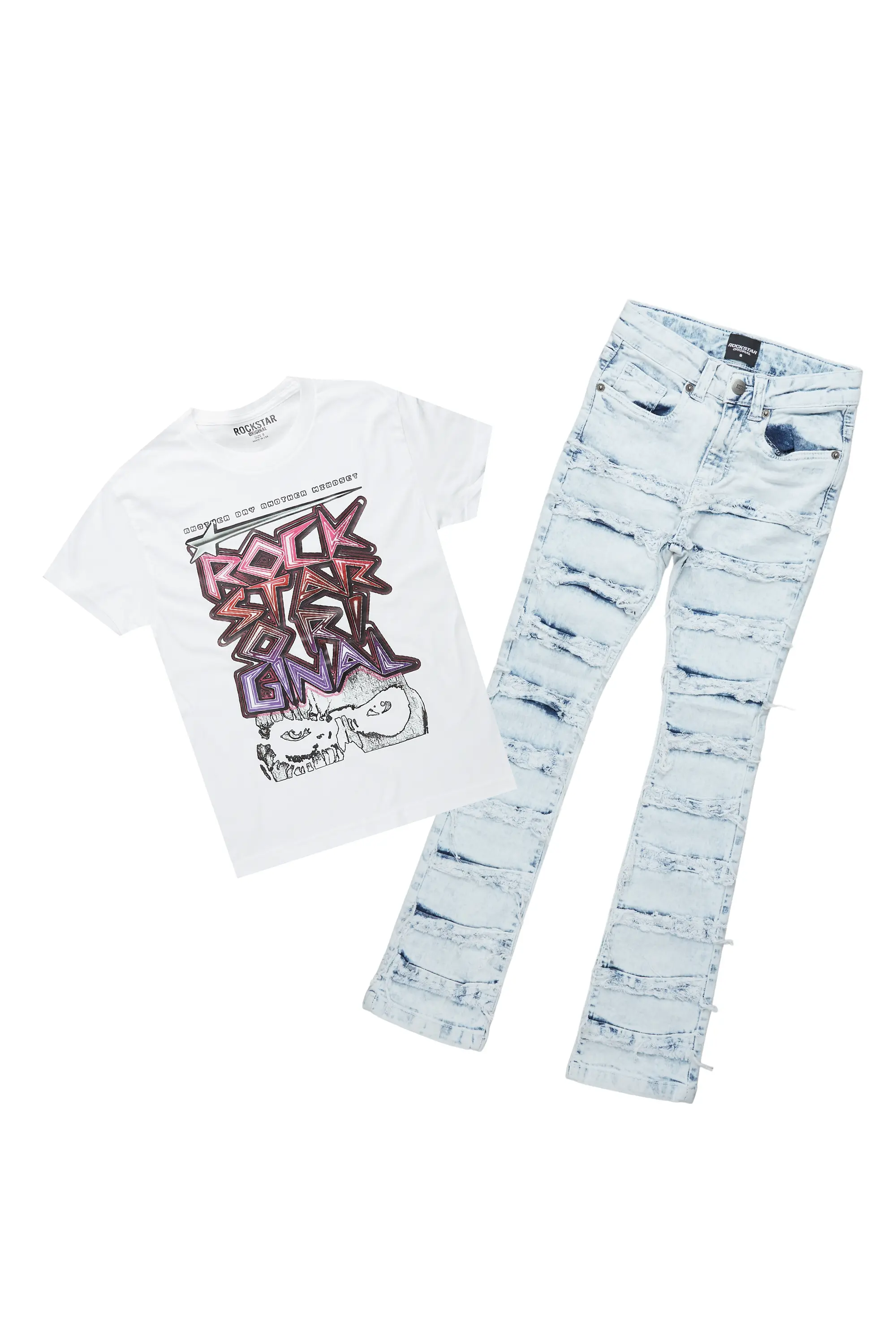 Boys Haku White T-Shirt/Frayed Skinny Stacked Flare Jean Set - Image 5