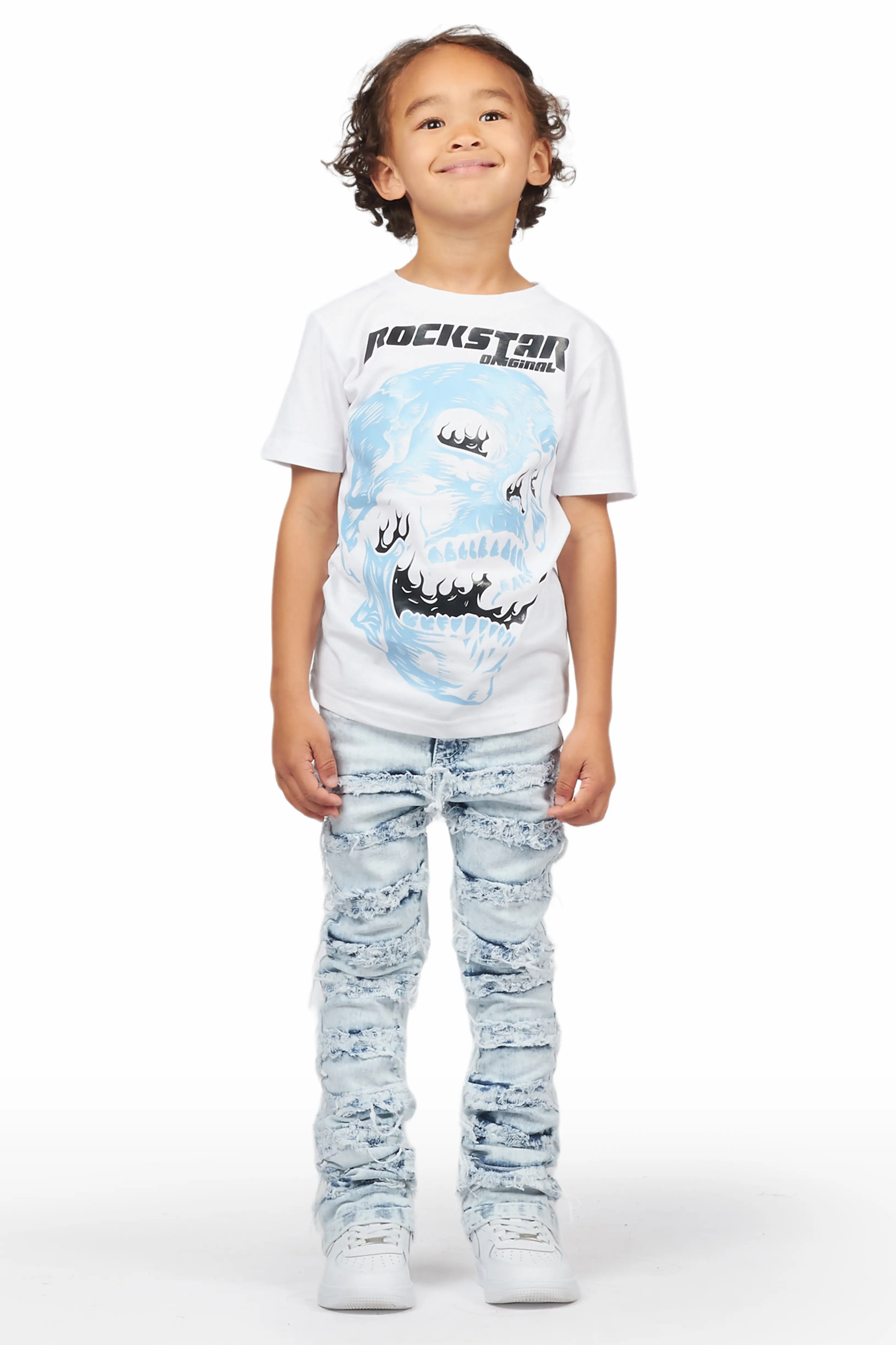 Boys Irfan White T-Shirt/Frayed Skinny Stacked Flare Jean Set - Image 3
