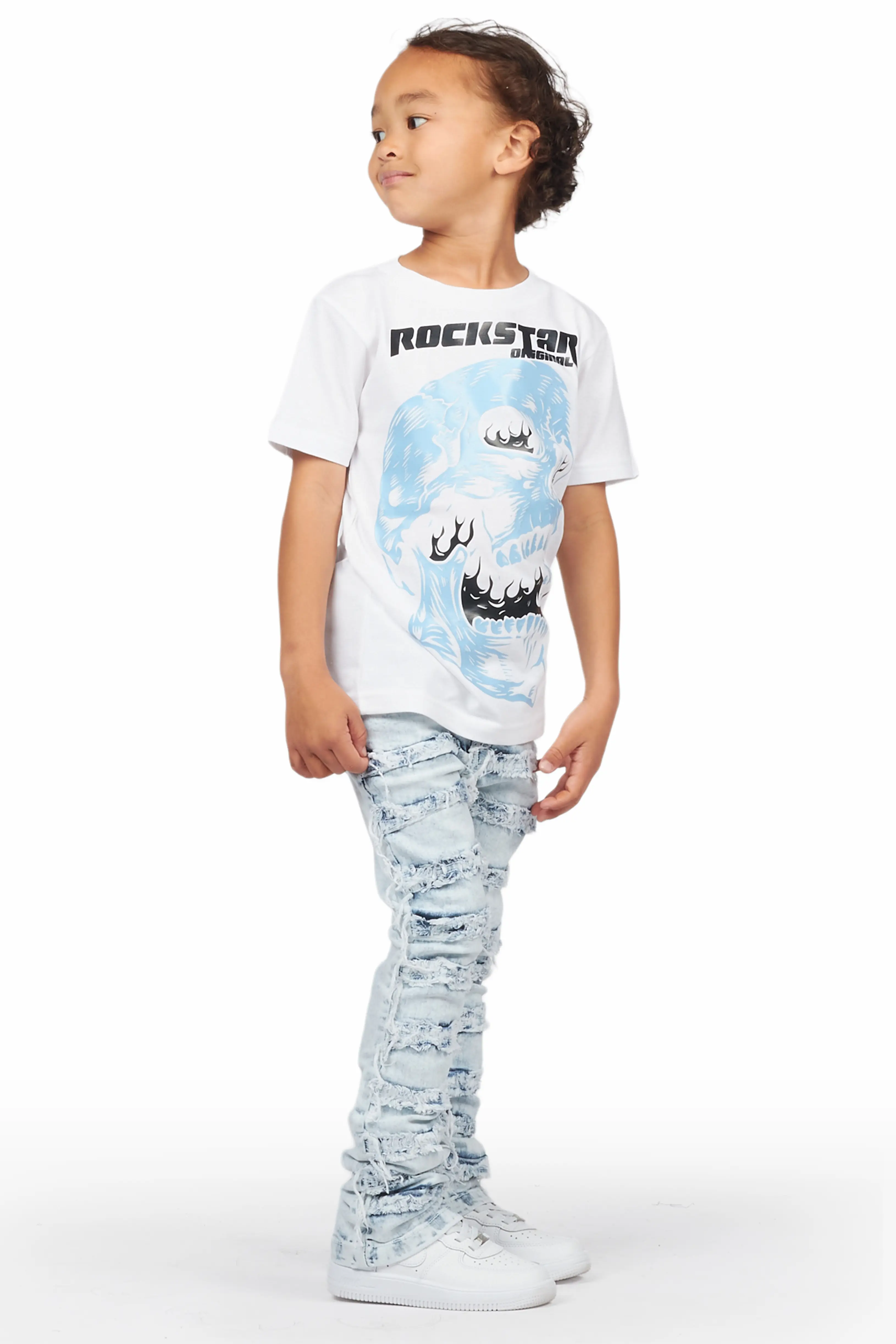 Boys Irfan White T-Shirt/Frayed Skinny Stacked Flare Jean Set - Image 4