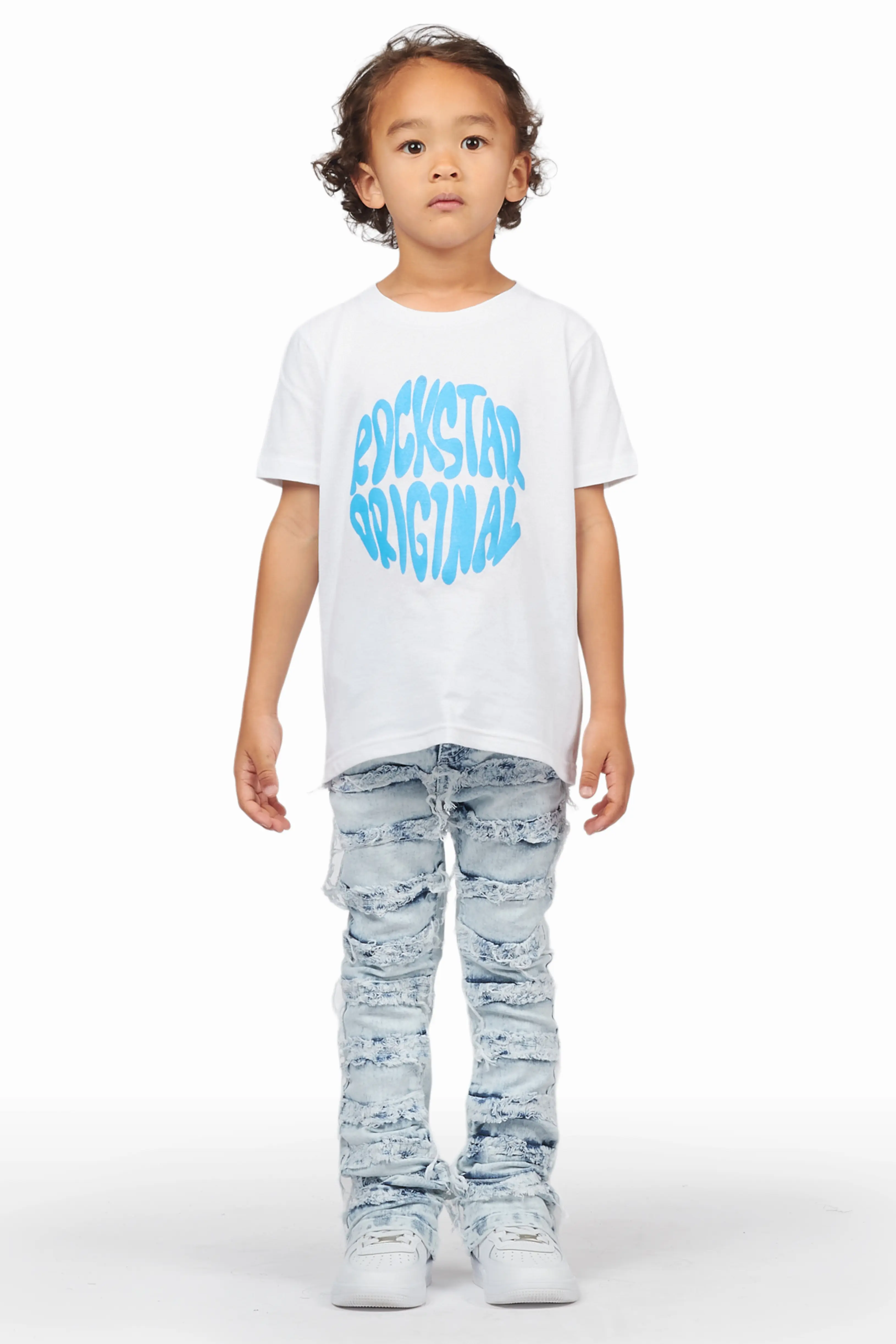 Boys Jarmo White T-Shirt/Frayed Skinny Stacked Flare Jean Set - Image 4