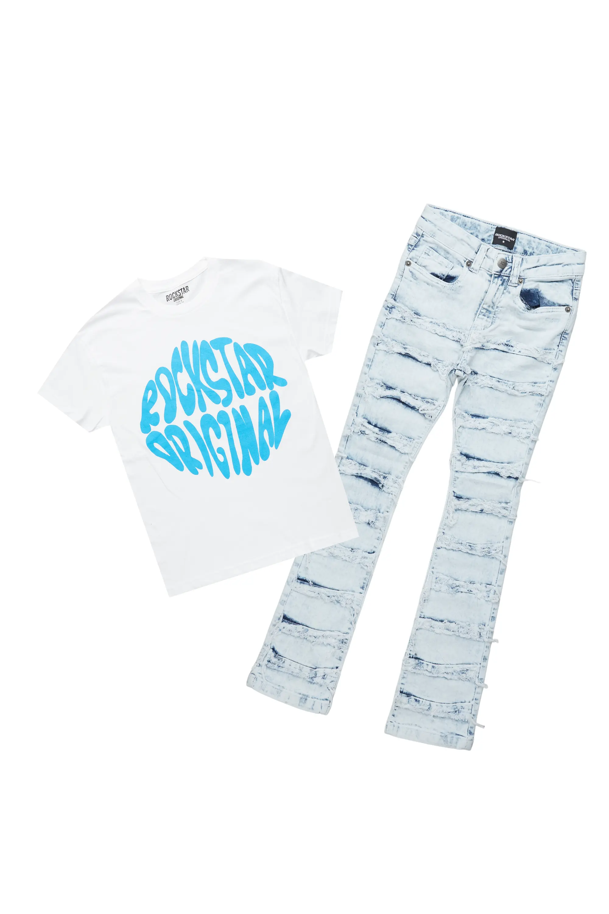 Boys Jarmo White T-Shirt/Frayed Skinny Stacked Flare Jean Set - Image 5
