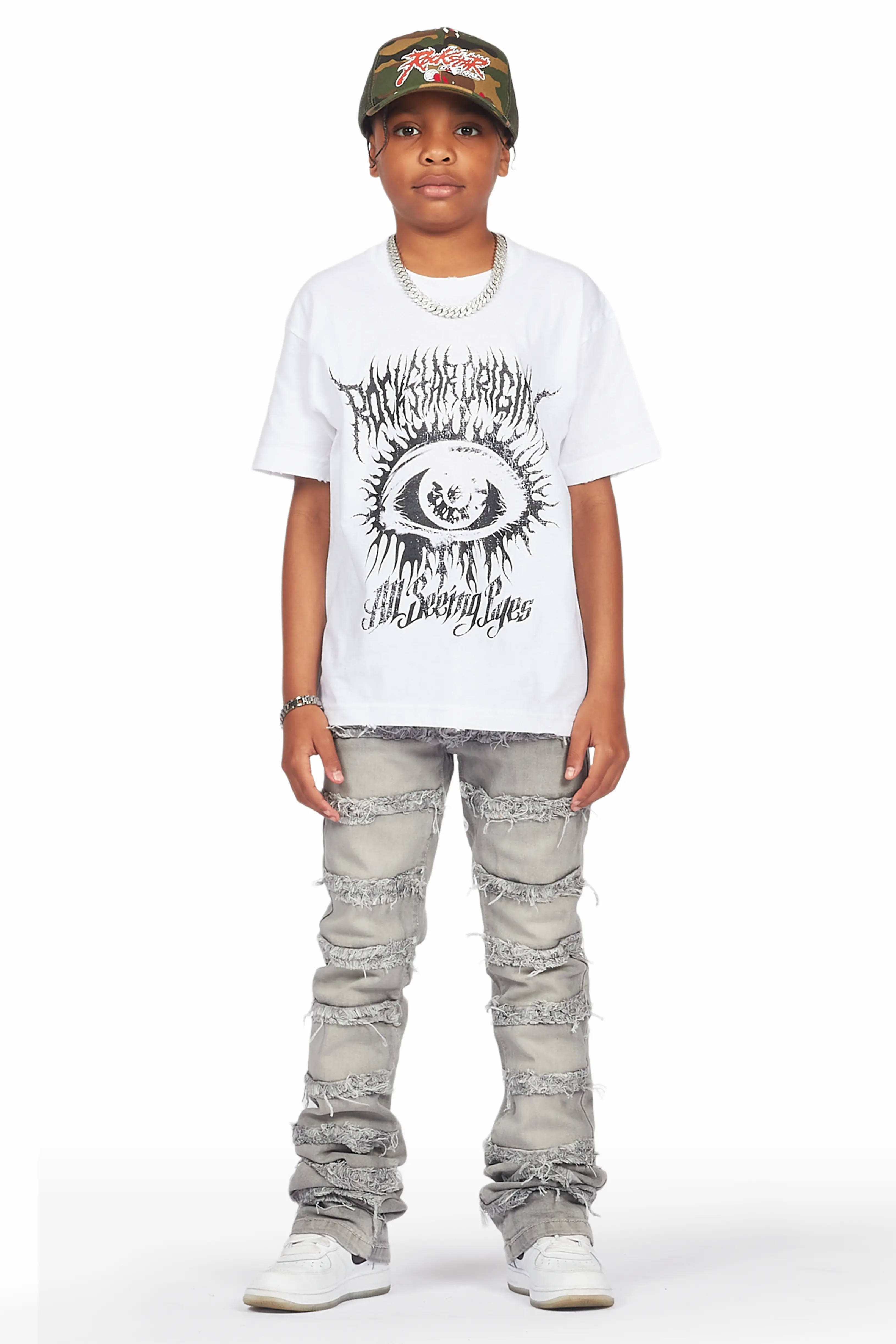 Boys Naresh White T-Shirt/Frayed Skinny Stacked Flare Jean Set - Image 2
