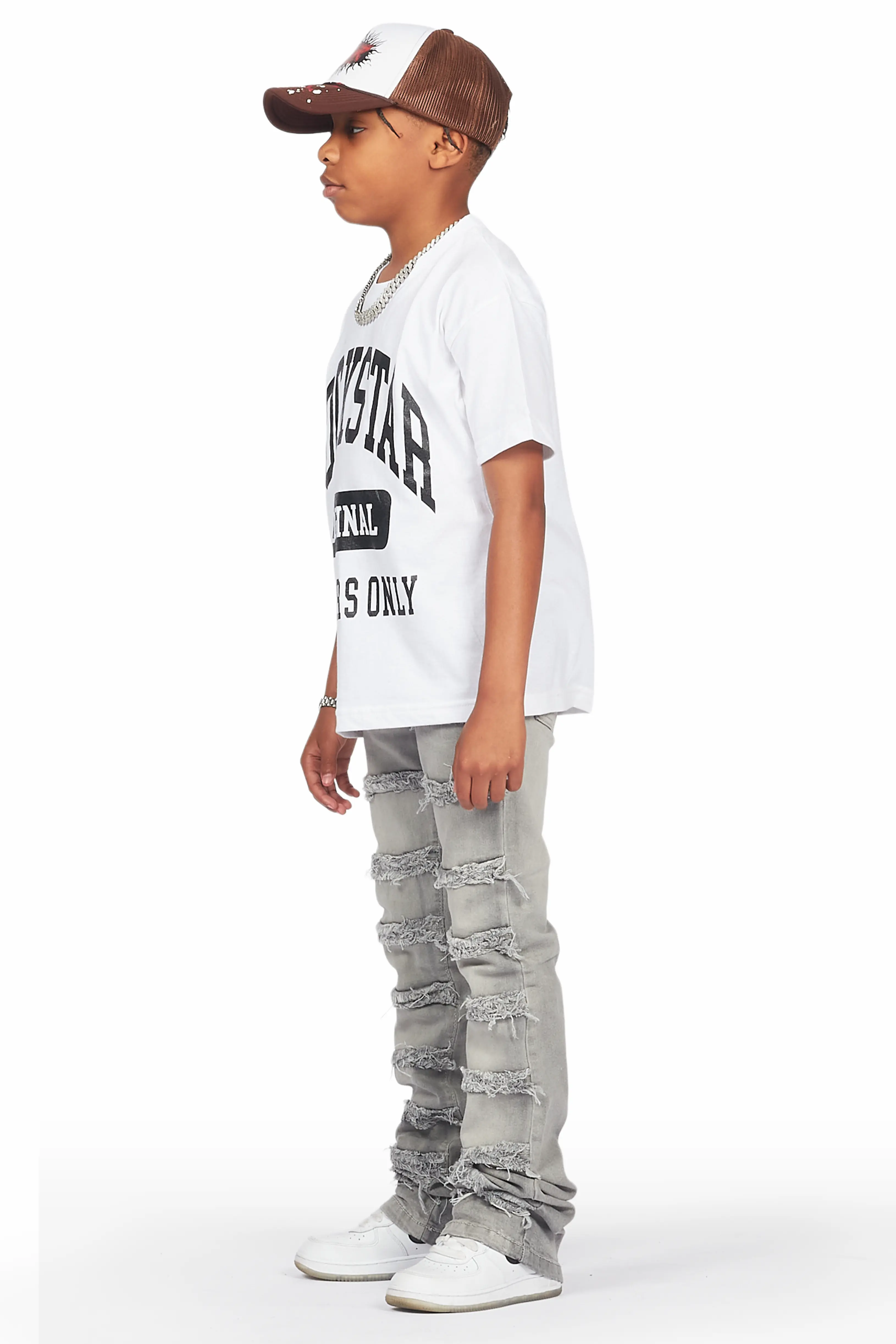 Boys Lanu White T-Shirt/Frayed Skinny Stacked Flare Jean Set - Image 3