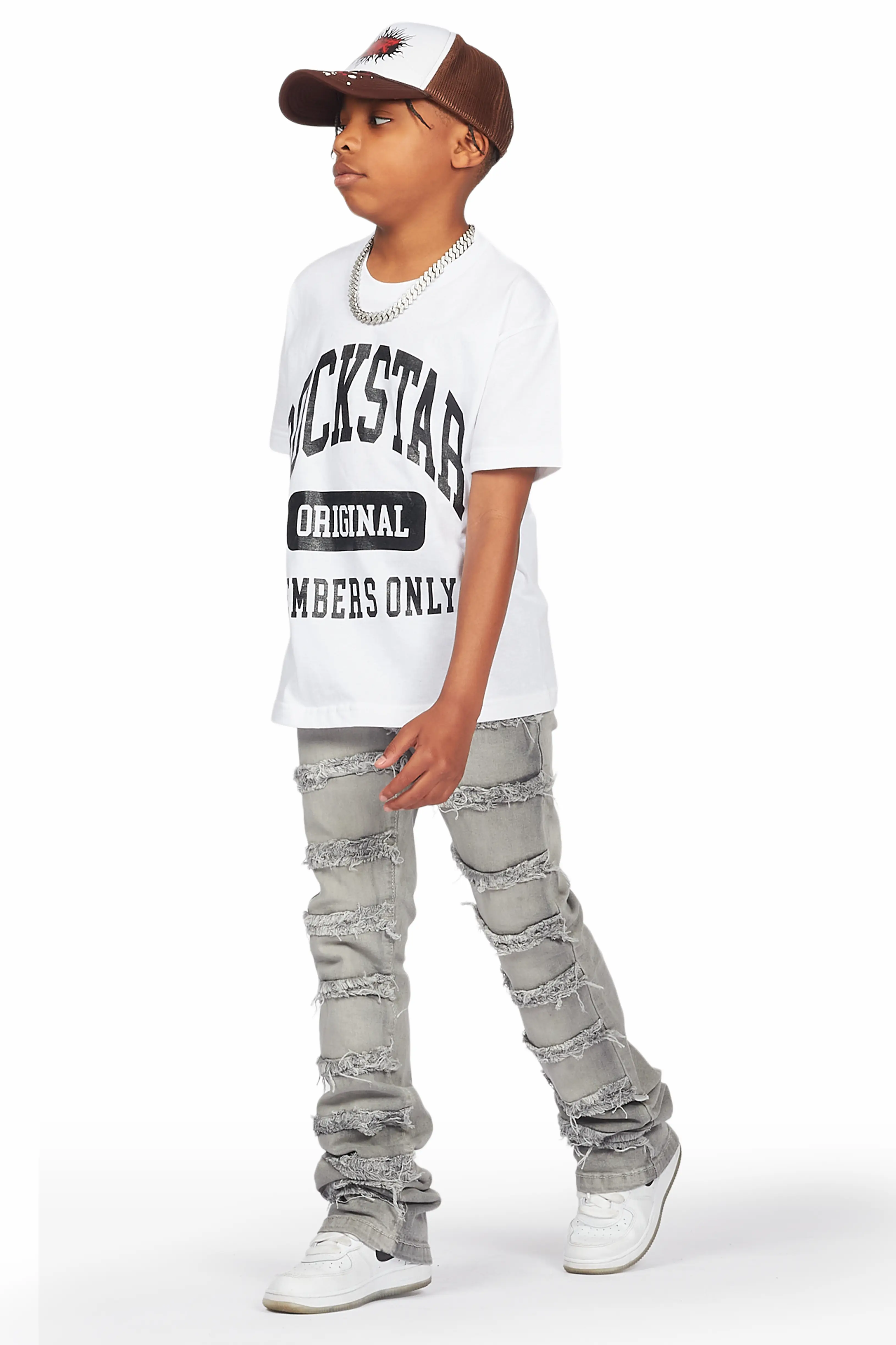 Boys Lanu White T-Shirt/Frayed Skinny Stacked Flare Jean Set - Image 6