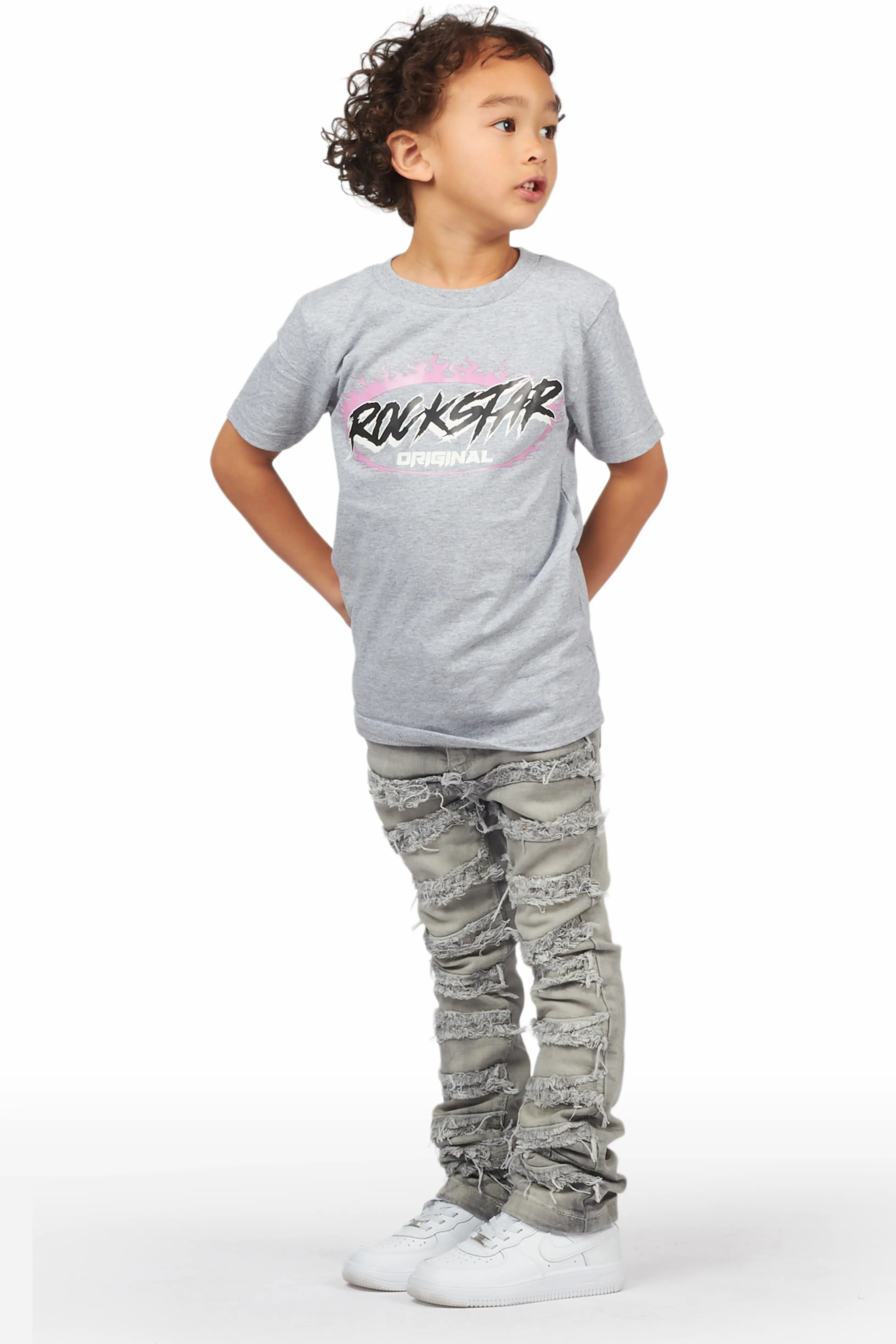 Boys Kaiko Grey T-Shirt/Frayed Skinny Stacked Flare Jean Set - Image 2