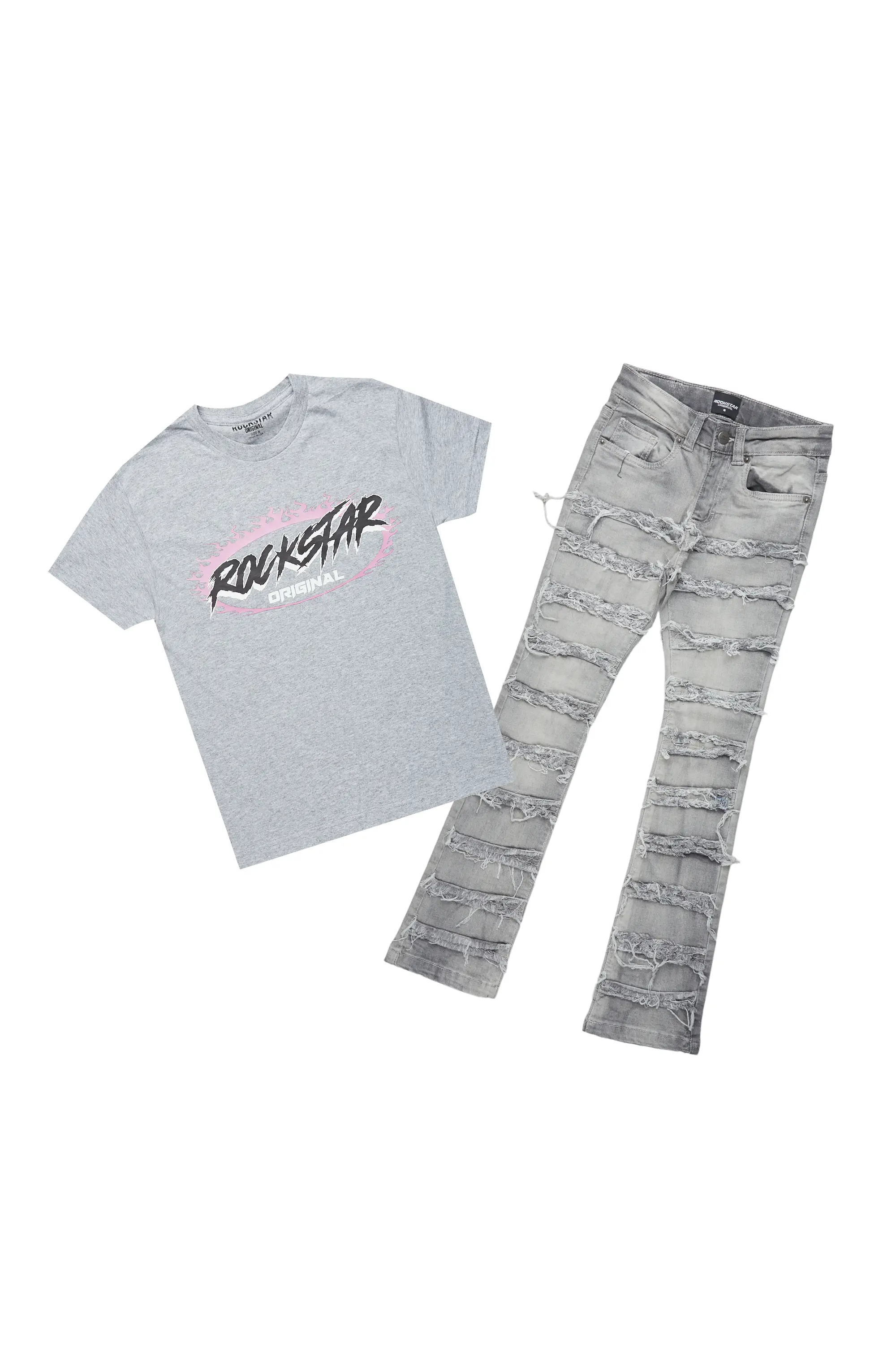 Boys Kaiko Grey T-Shirt/Frayed Skinny Stacked Flare Jean Set - Image 3