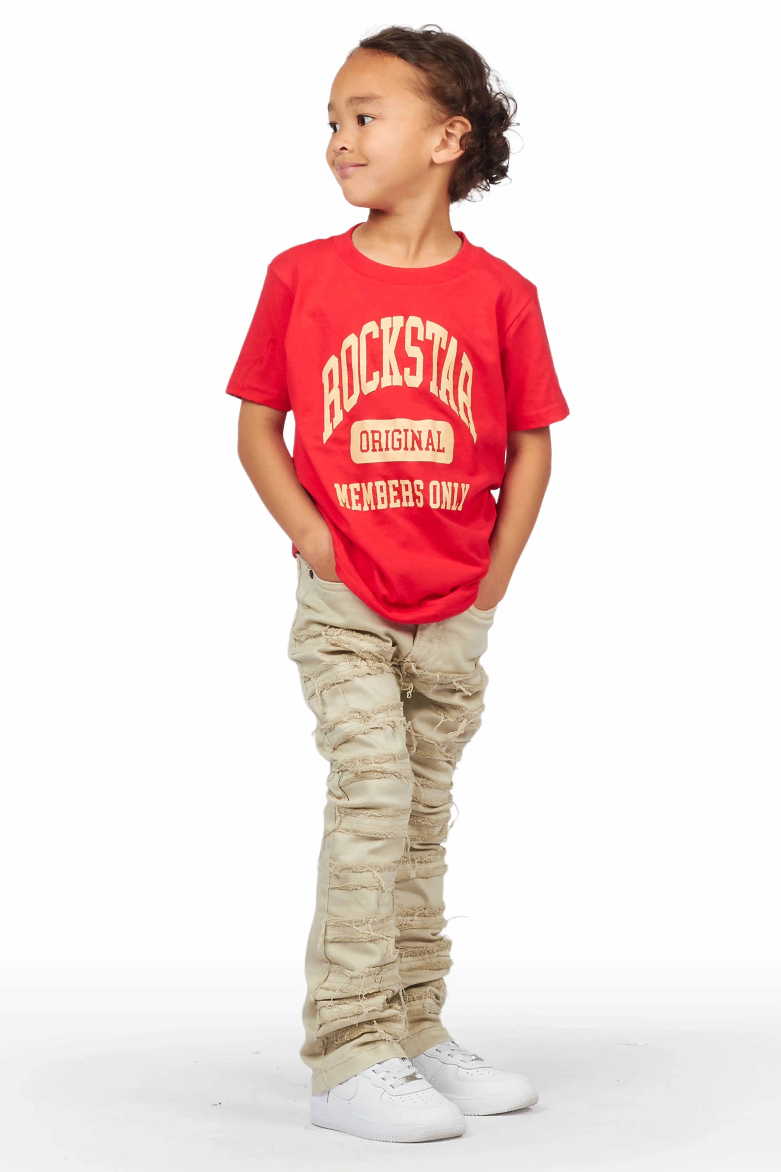 Boys Raam Red T-Shirt/Frayed Skinny Stacked Flare Jean Set - Image 4