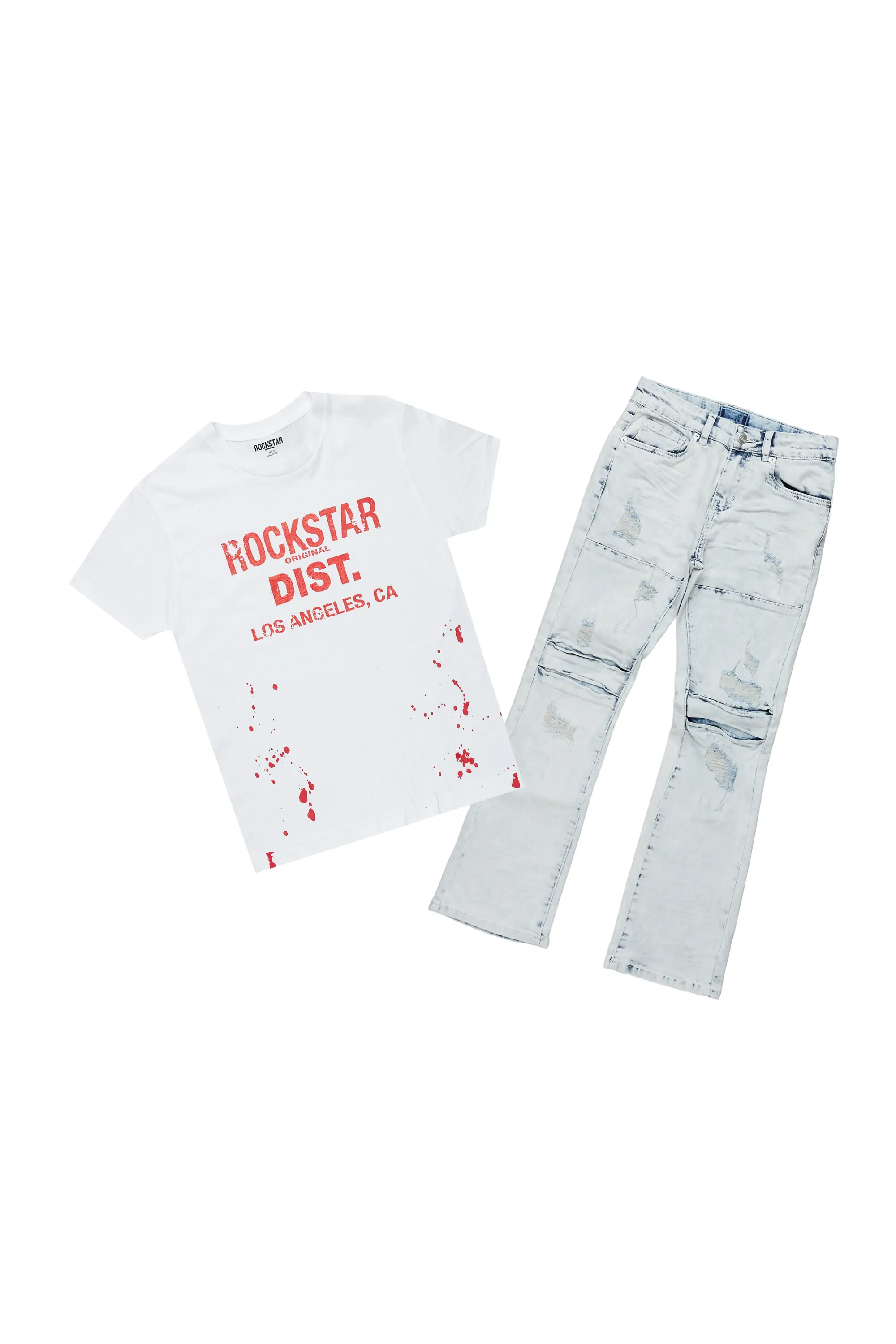 Boys Yasir White/Light Blue T-Shirt/Stacked Flare Jean Set - Image 2