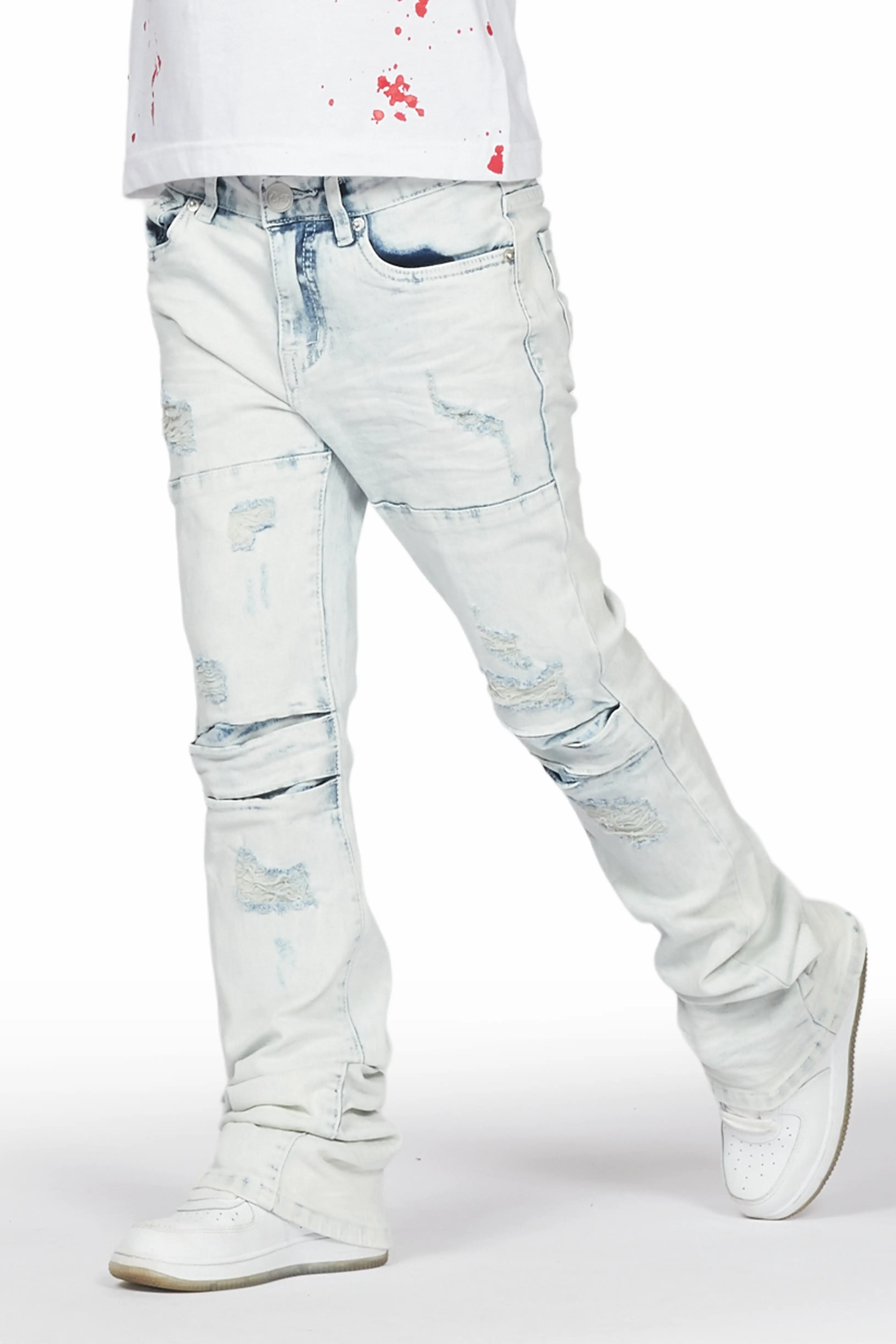 Boys Yasir White/Light Blue T-Shirt/Stacked Flare Jean Set - Image 3