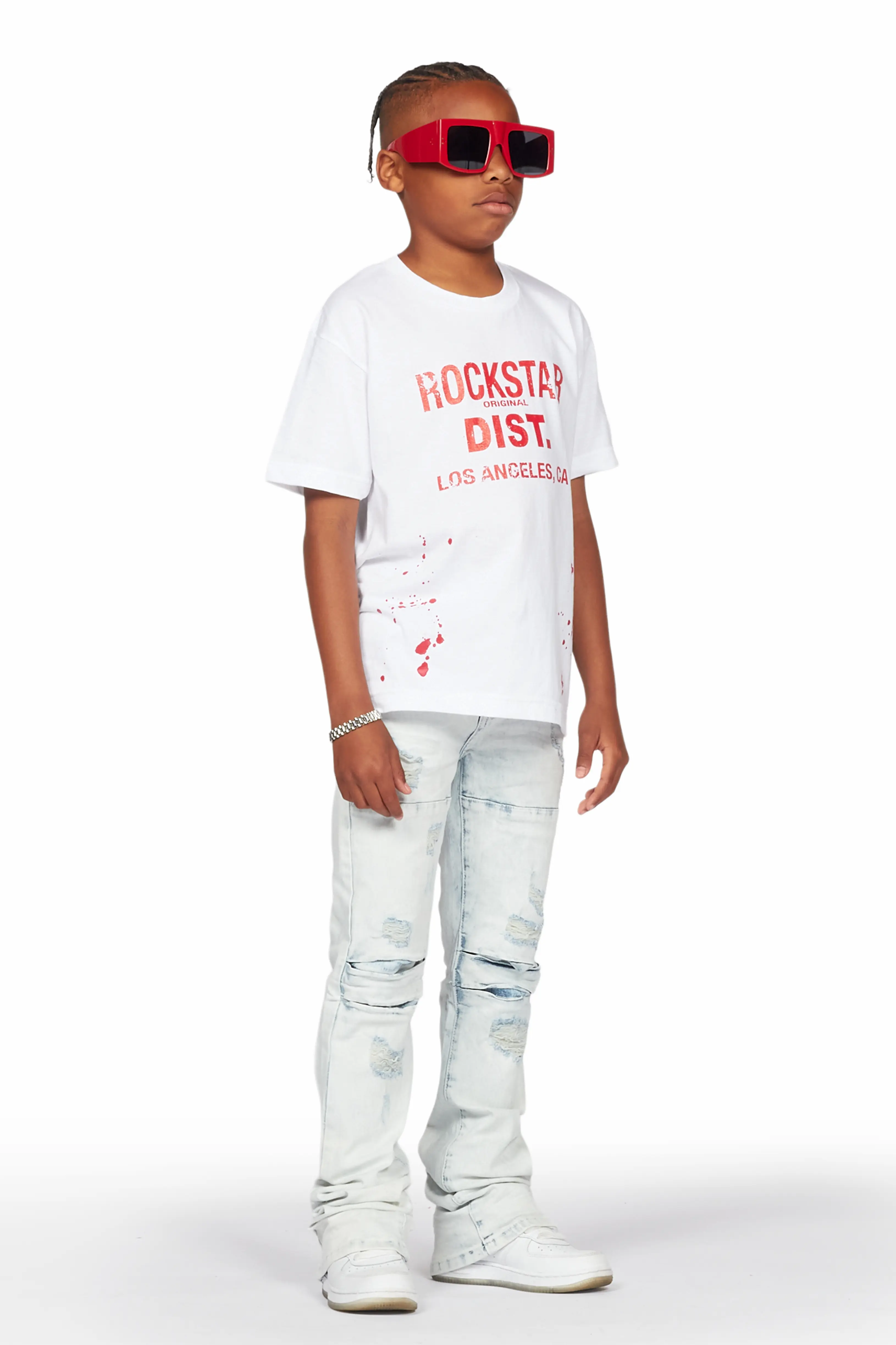 Boys Yasir White/Light Blue T-Shirt/Stacked Flare Jean Set - Image 4