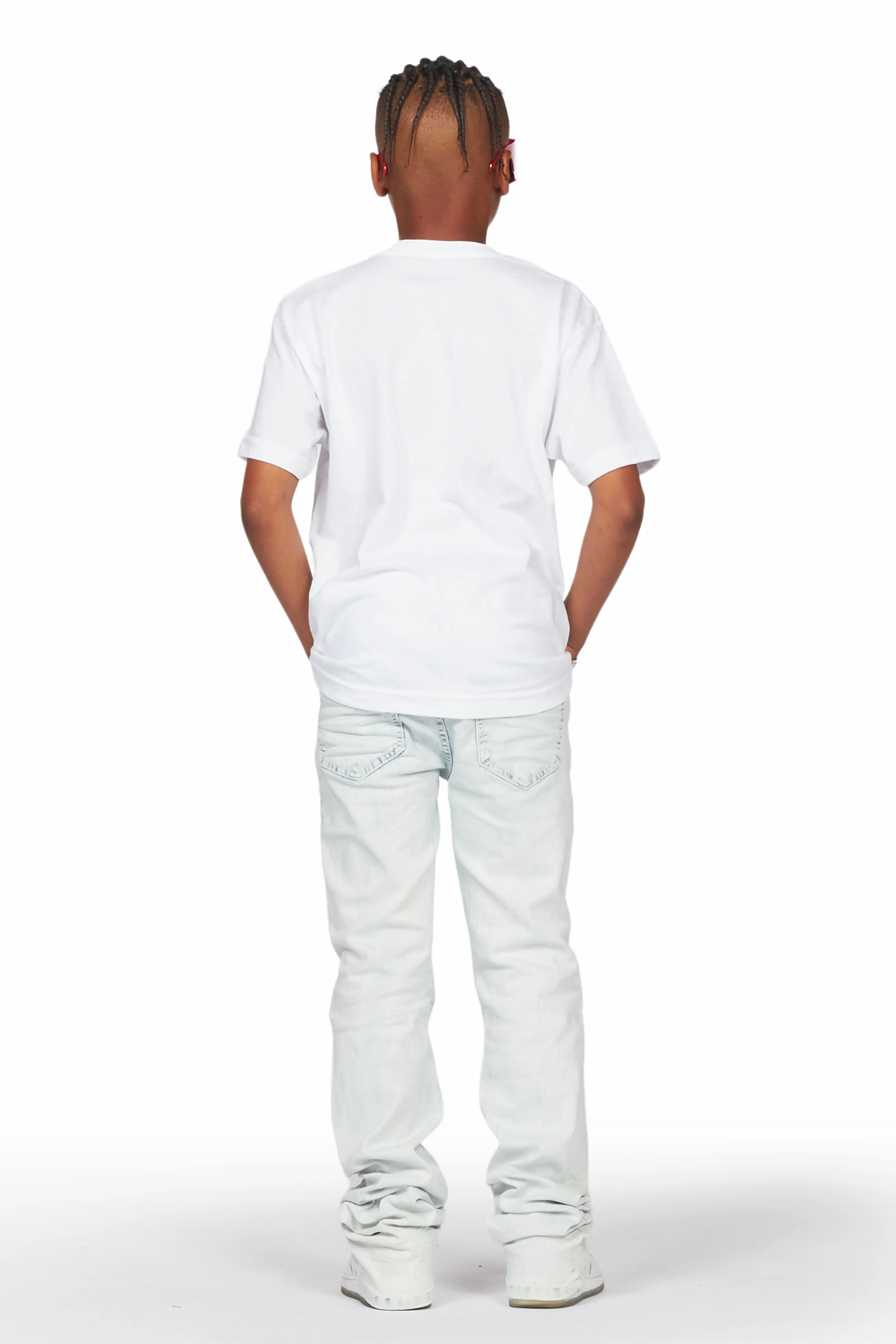 Boys Yasir White/Light Blue T-Shirt/Stacked Flare Jean Set - Image 5