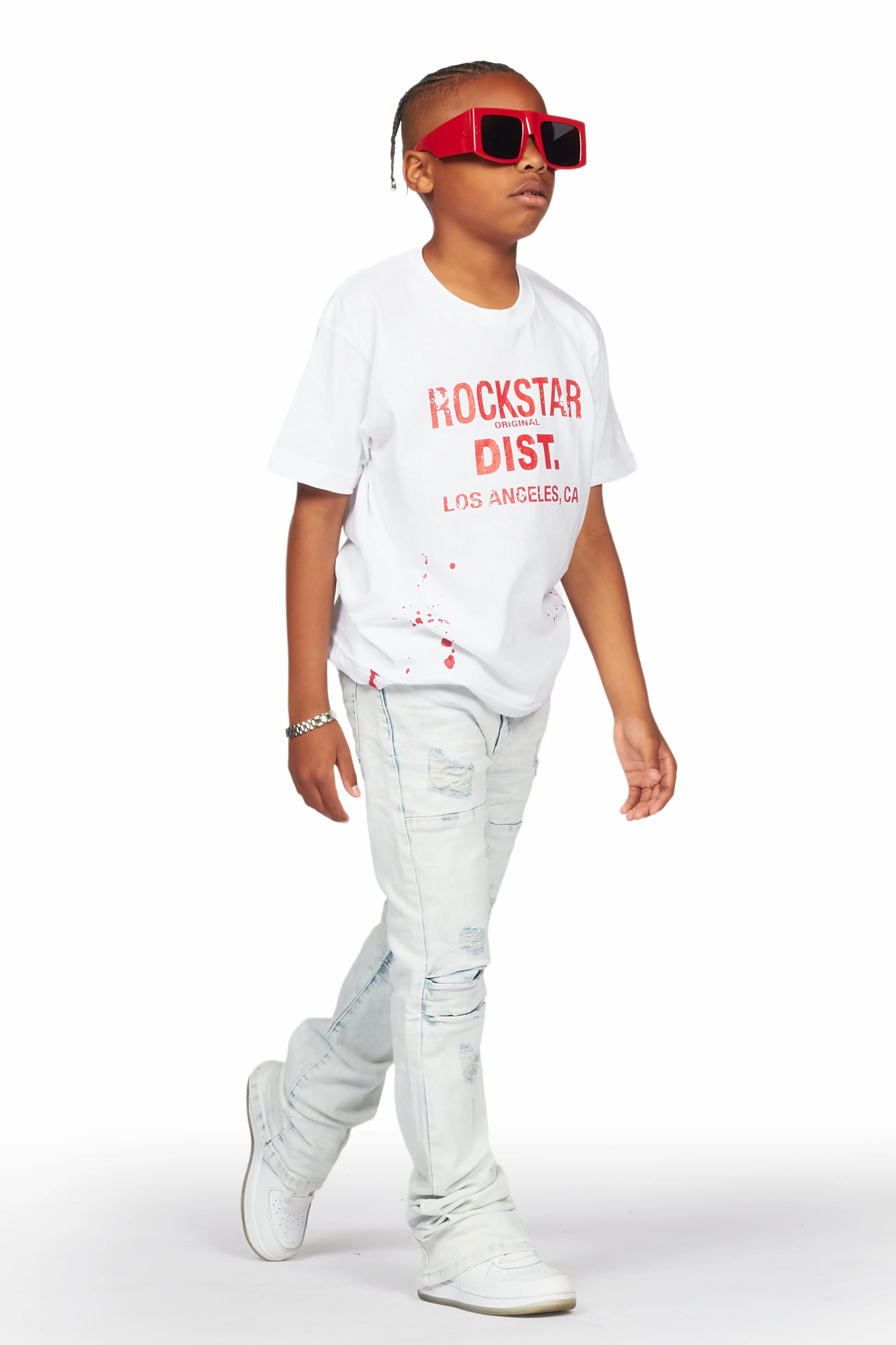 Boys Yasir White/Light Blue T-Shirt/Stacked Flare Jean Set - Image 6