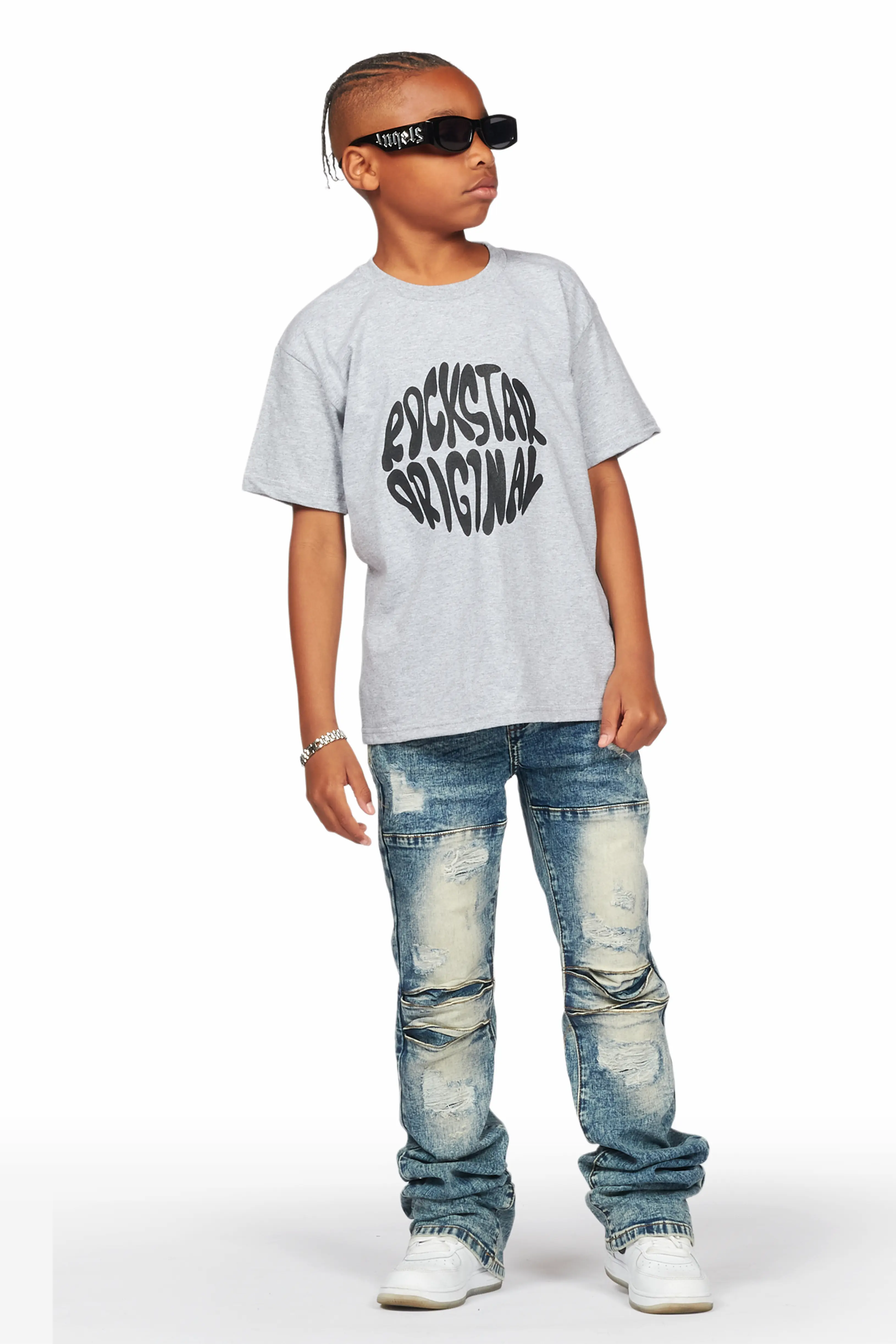 Boys Zaman Grey T-Shirt/Stacked Flare Jean Set - Image 3