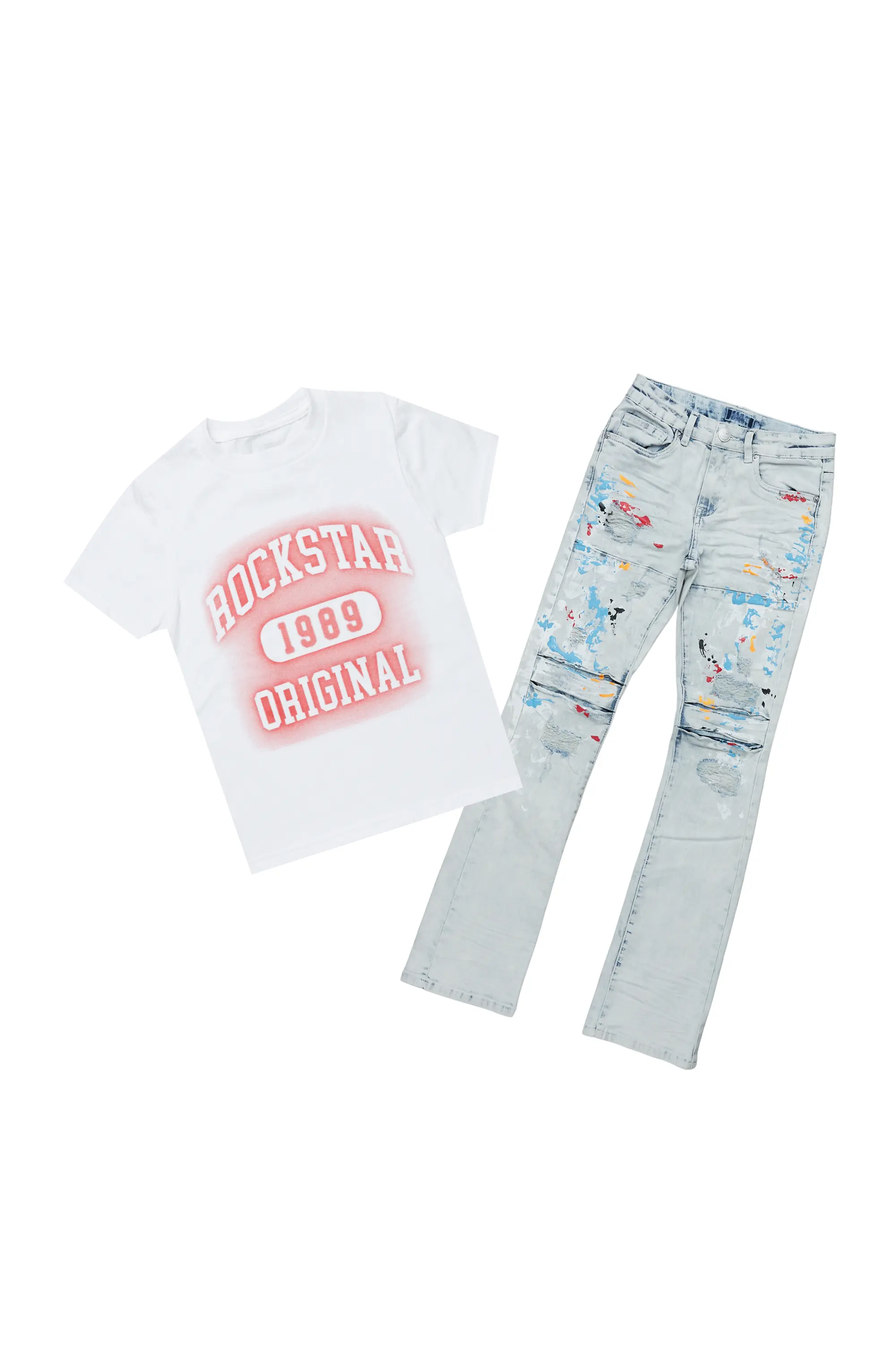 Boys Urian White/Red T-Shirt/Stacked Flare Jean Set - Image 2
