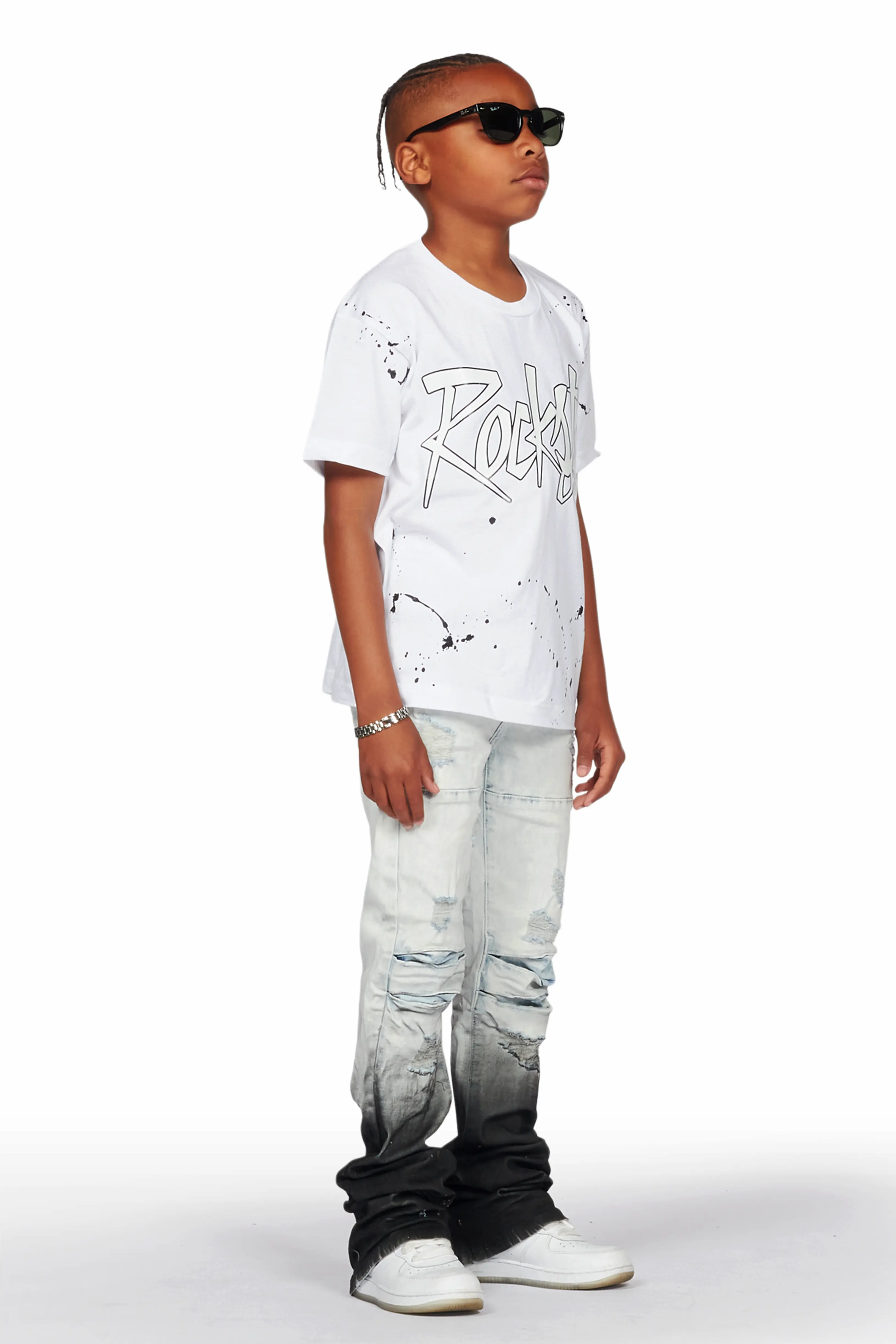 Boys Tallis White T-Shirt/Stacked Flare Jean Set - Image 3