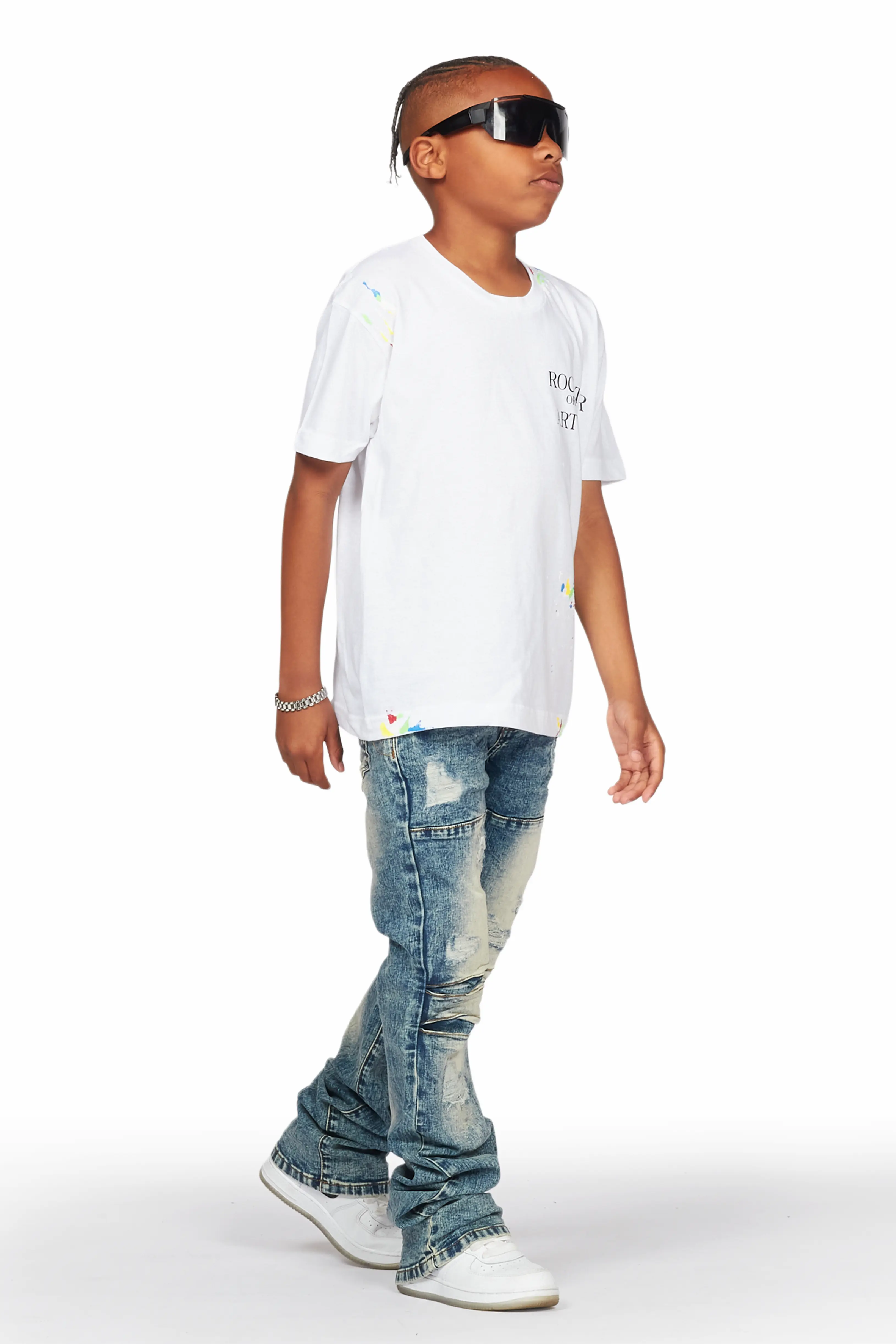 Boys Gemi White T-Shirt/Stacked Flare Jean Set - Image 6