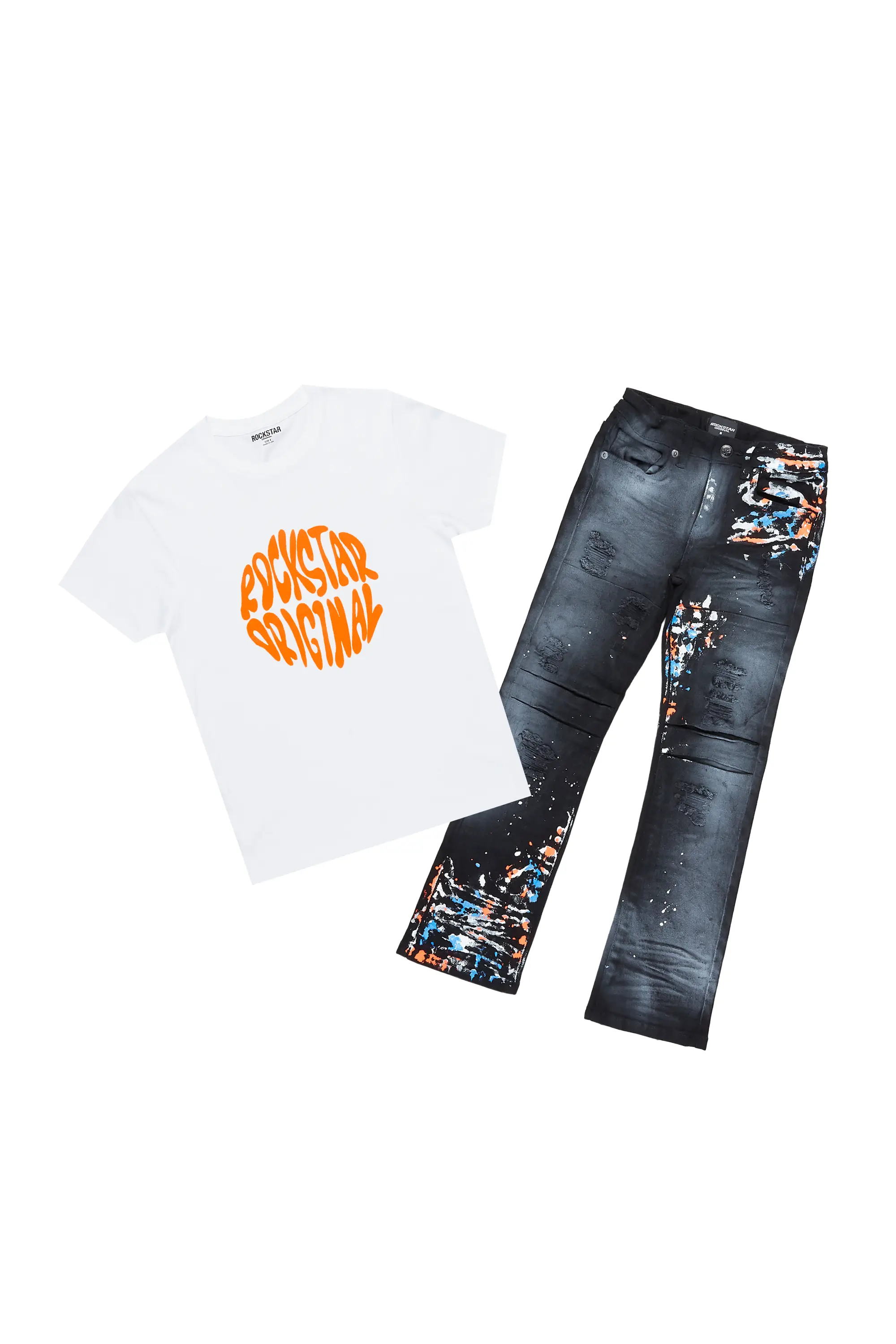 Boys Burrow White T-Shirt/Stacked Flare Jean Set - Image 2