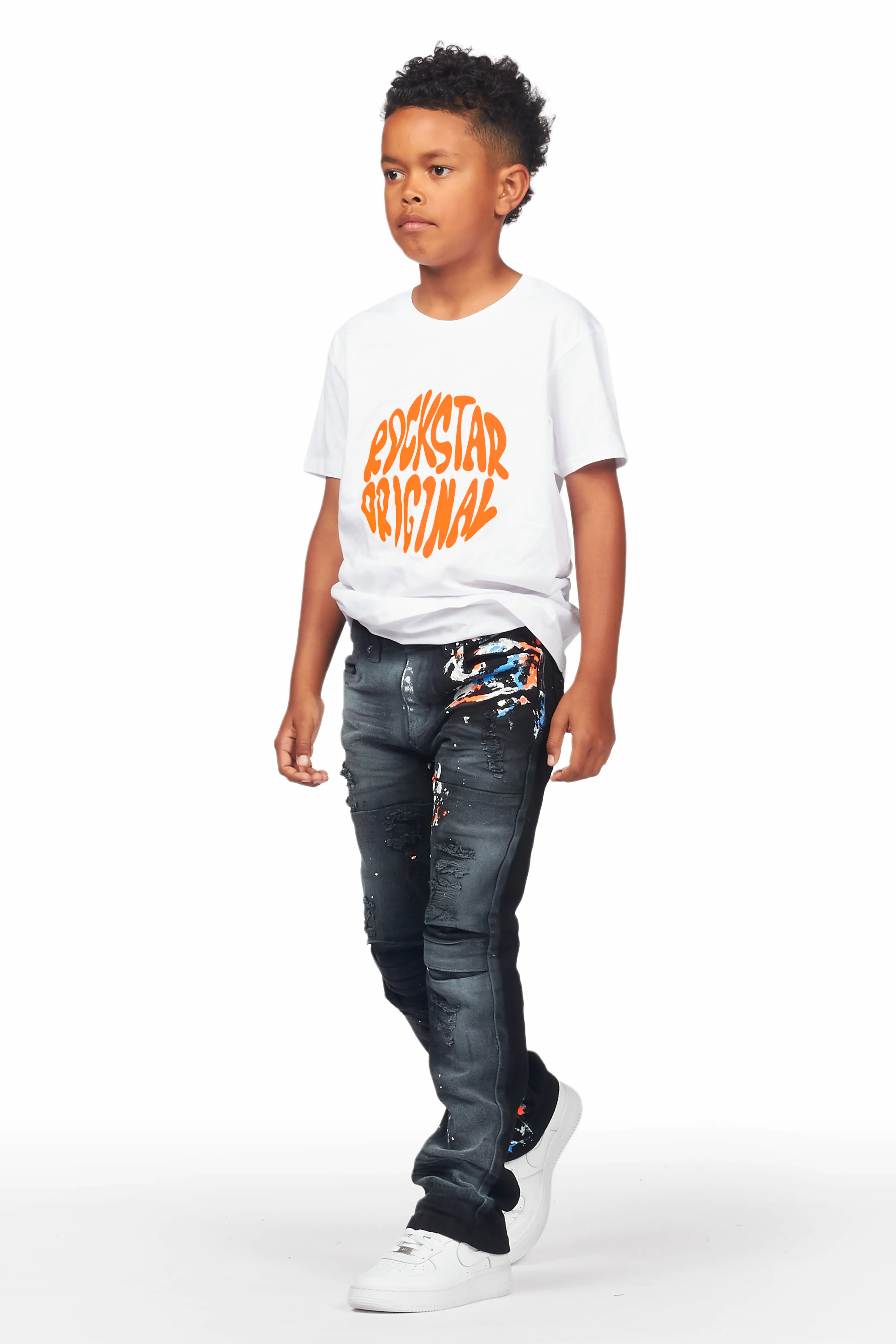 Boys Burrow White T-Shirt/Stacked Flare Jean Set - Image 5