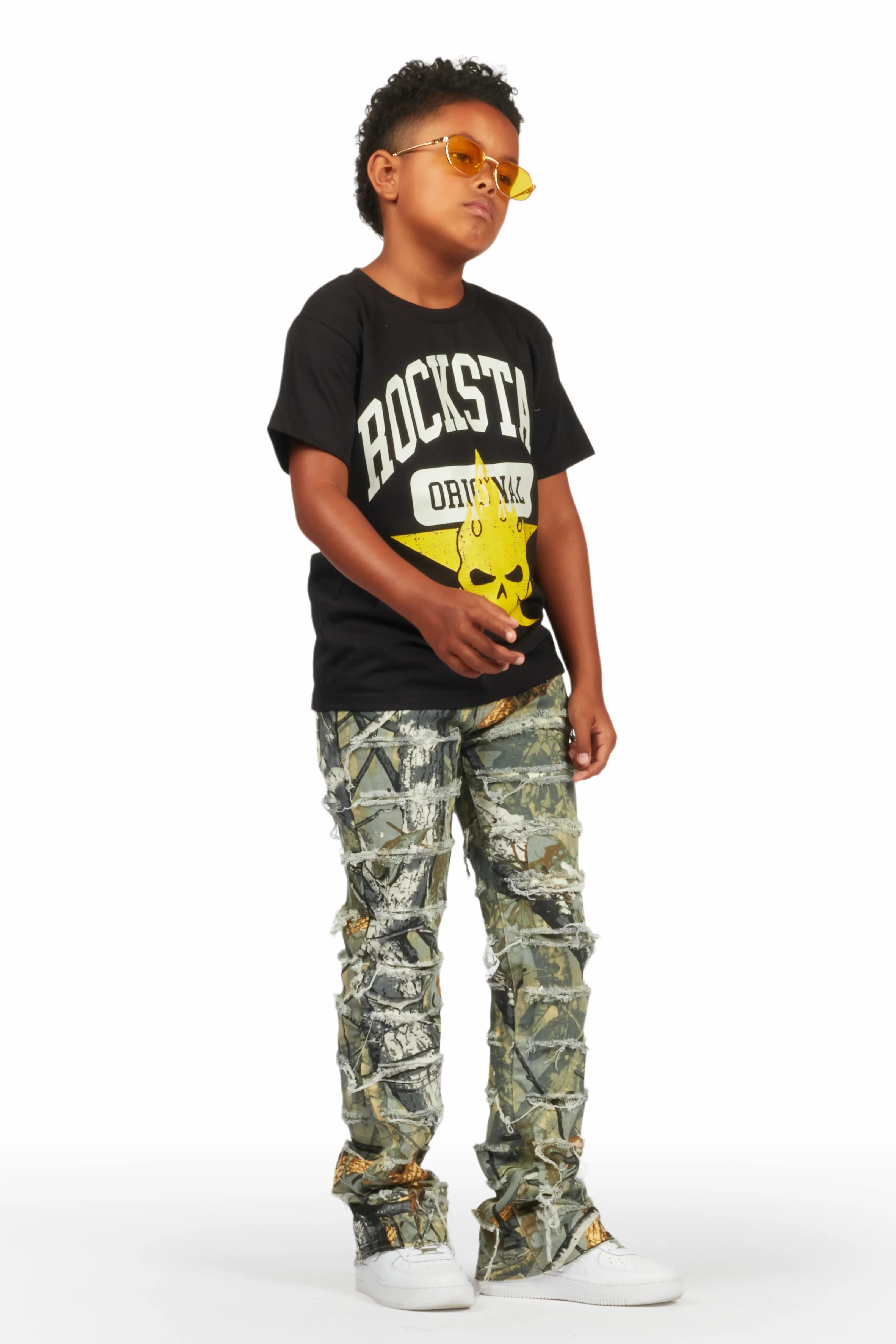 Boys Semaj Tree Camo T-Shirt/Stacked Flare Jean Set - Image 3