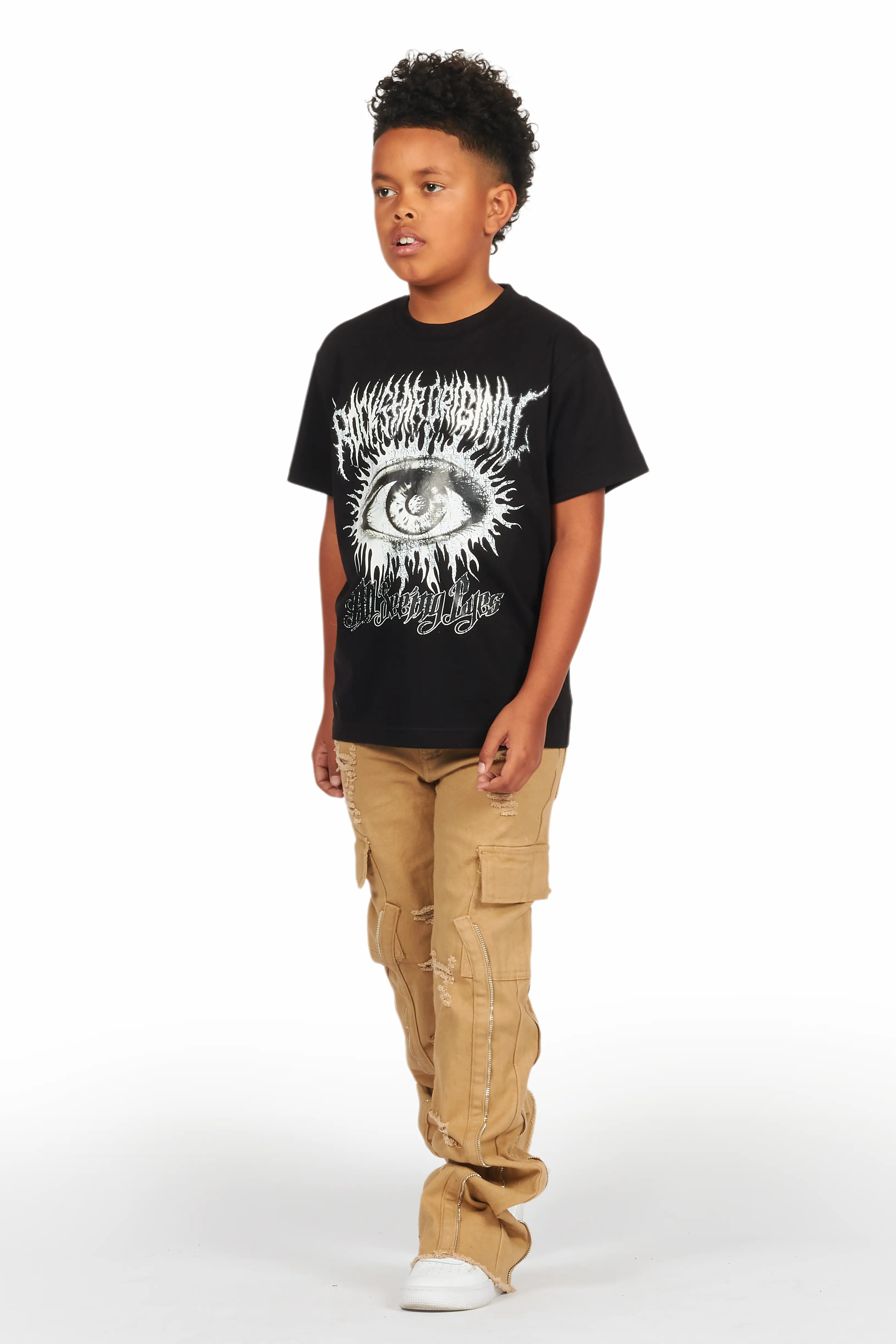 Boys All Seeing Eyes Black/Beige T-Shirt/Stacked Flare Jean Set - Image 4