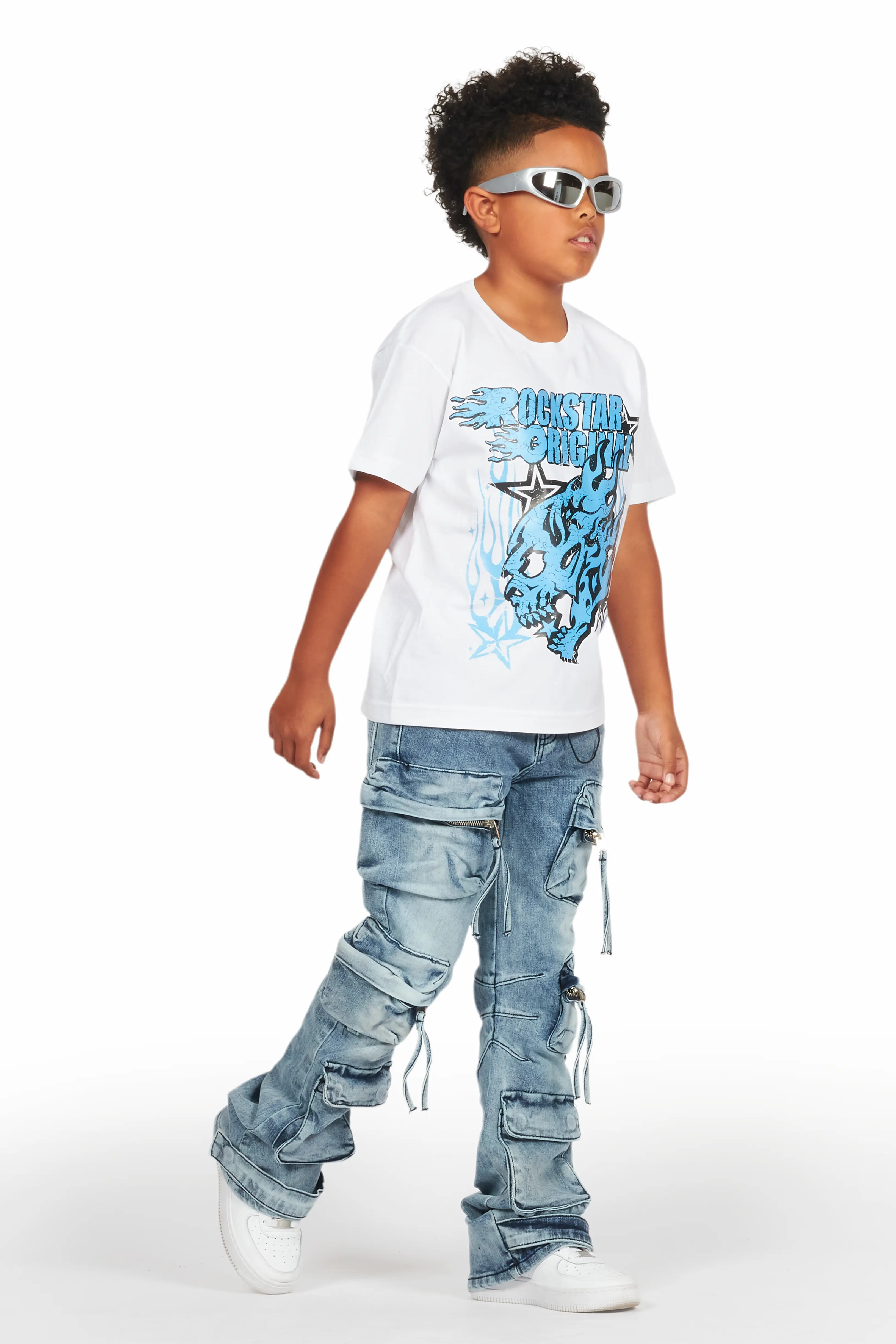 Boys Smitty White/Blue T-Shirt/Baggy Fit Jean Set - Image 2