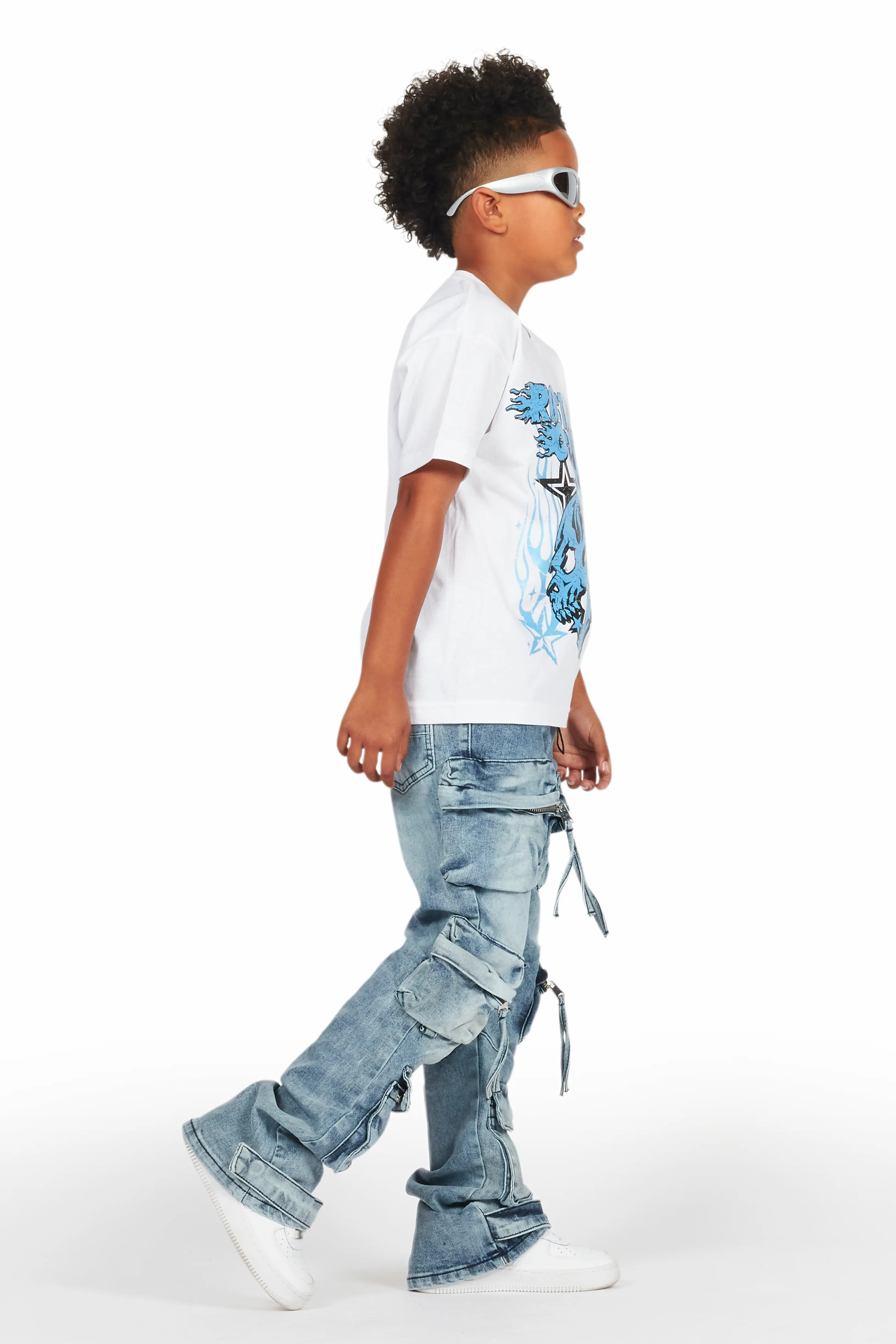 Boys Smitty White/Blue T-Shirt/Baggy Fit Jean Set - Image 3