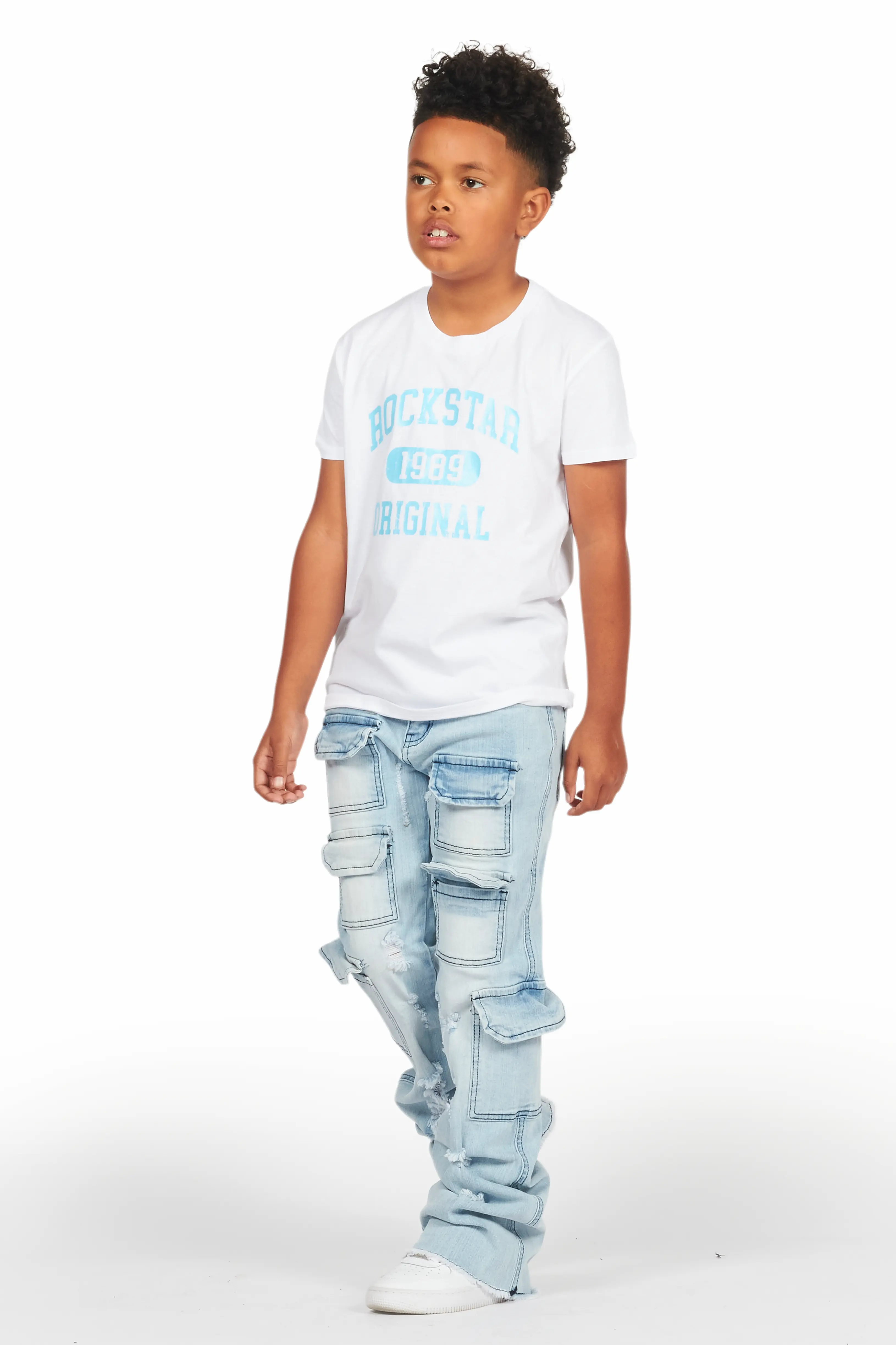 Boys Members White/Blue T-Shirt/Stacked Flare Jean Set - Image 4