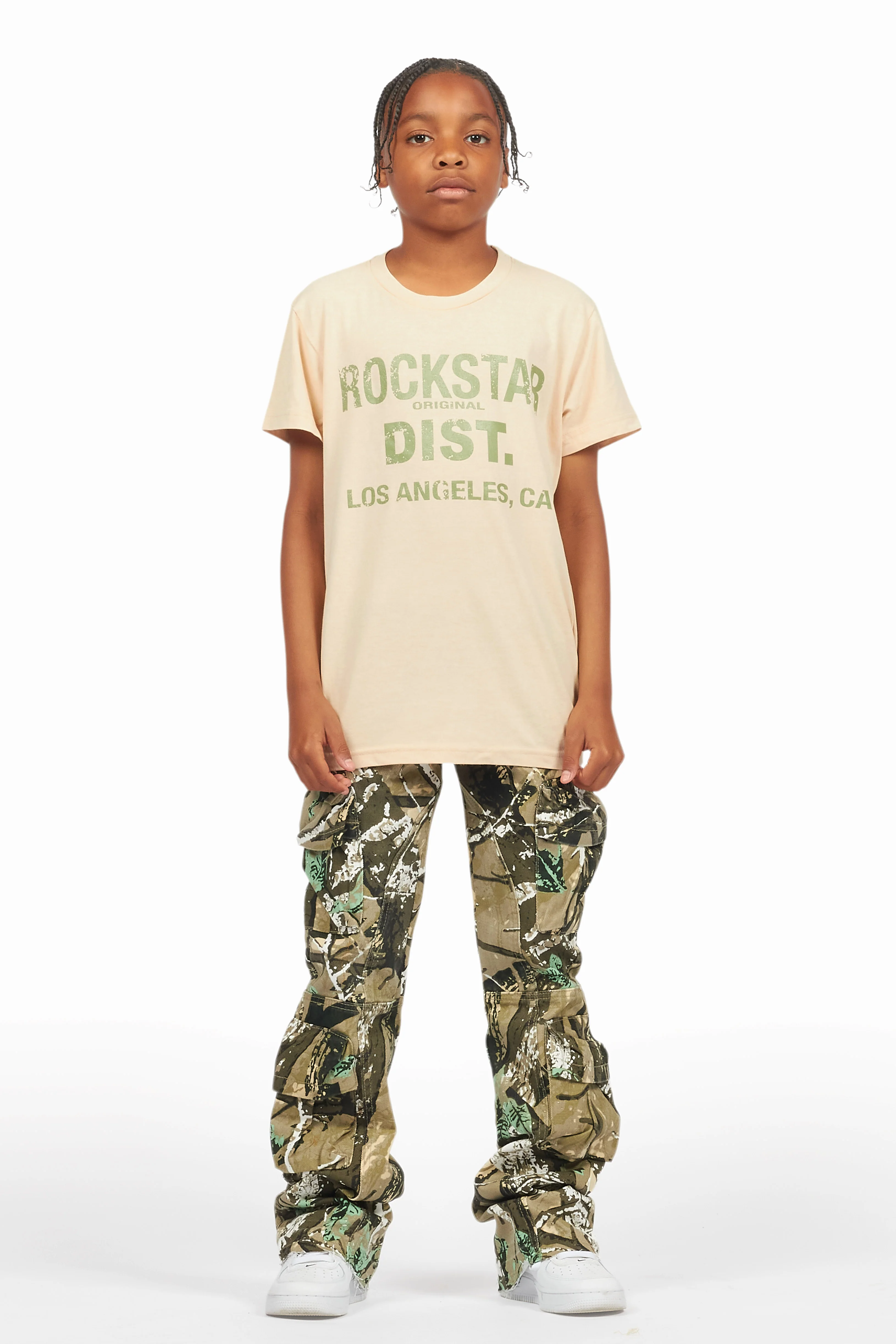 Boys Koen Vintage Sand/Green T-Shirt/Stacked Flare Jean Set - Image 2