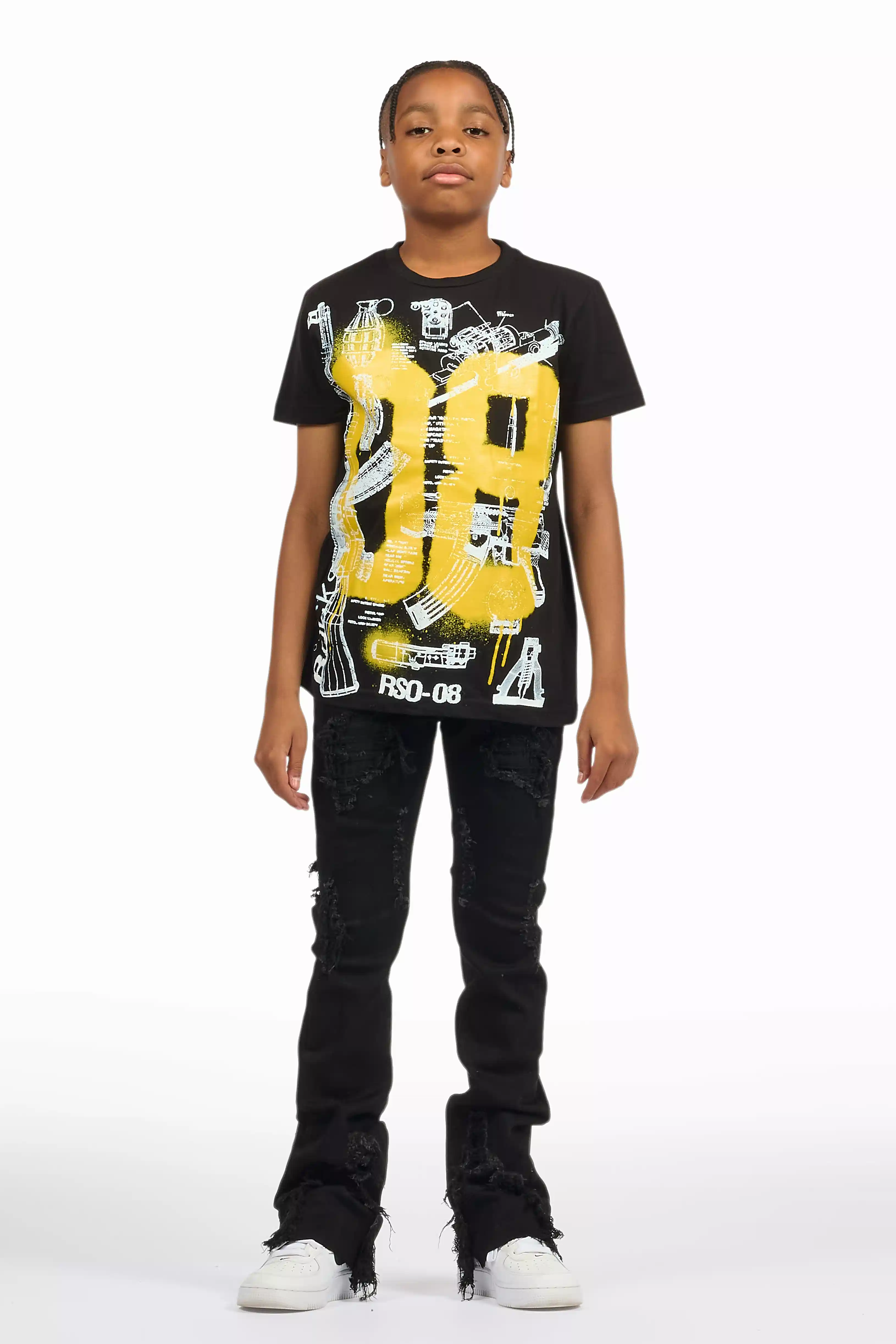 Boys Nesta Black/Yellow T-Shirt/Stacked Flare Jean Set - Image 2