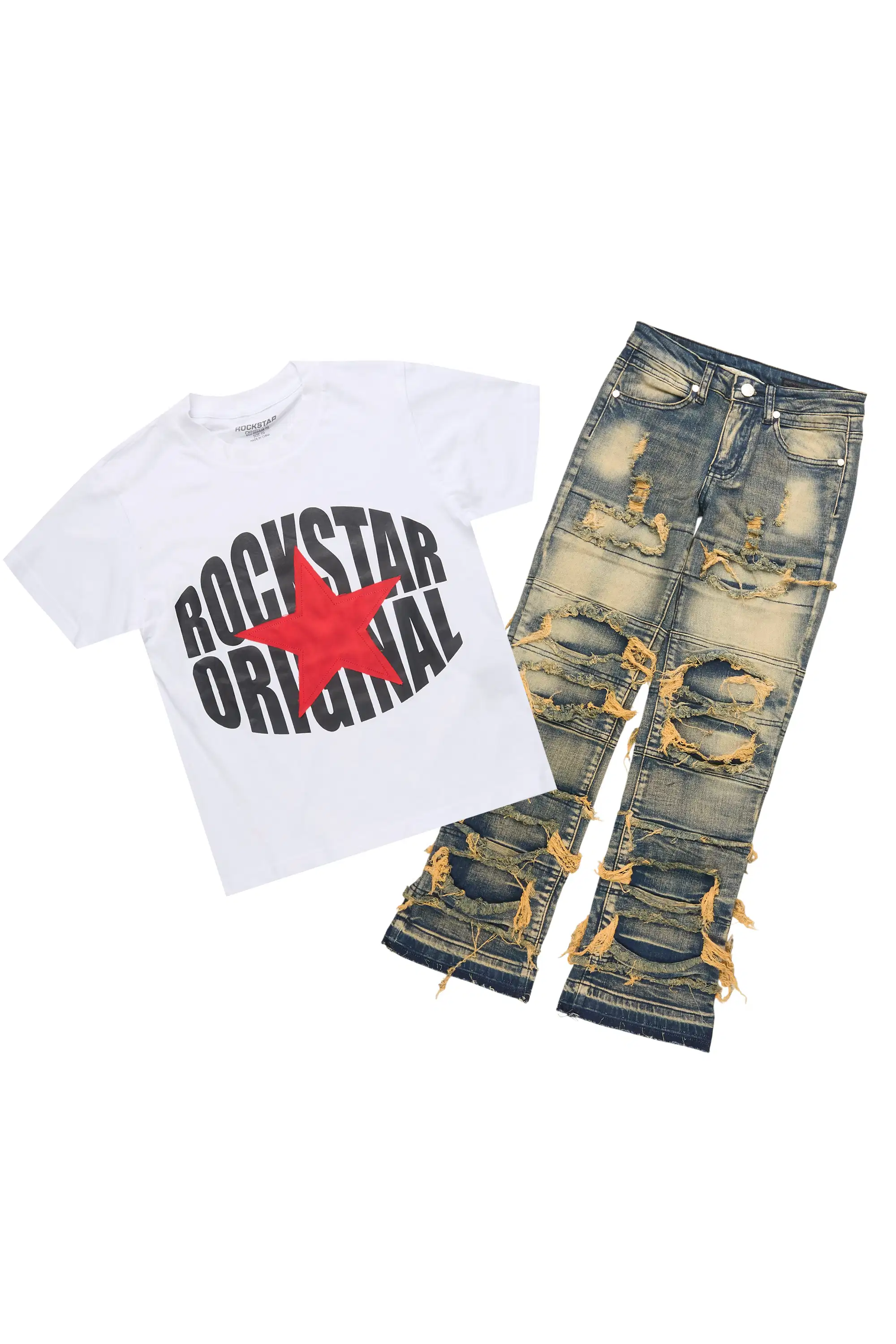 Boys Ezra White T-Shirt & Vasco Dark Tint Stacked Jean Set
