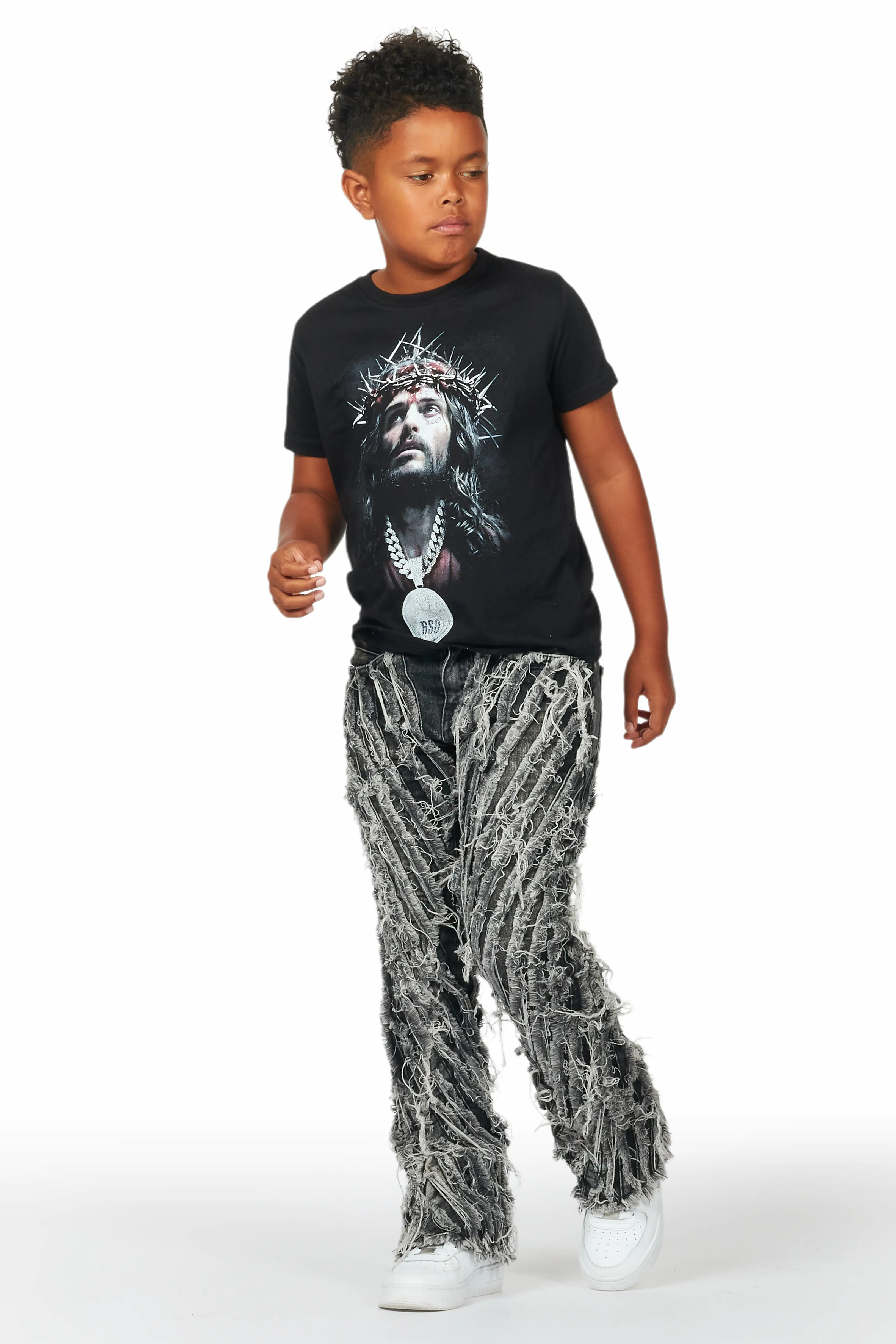 Boys Amina Black T-Shirt/Stack Flare Jean Set - Image 7