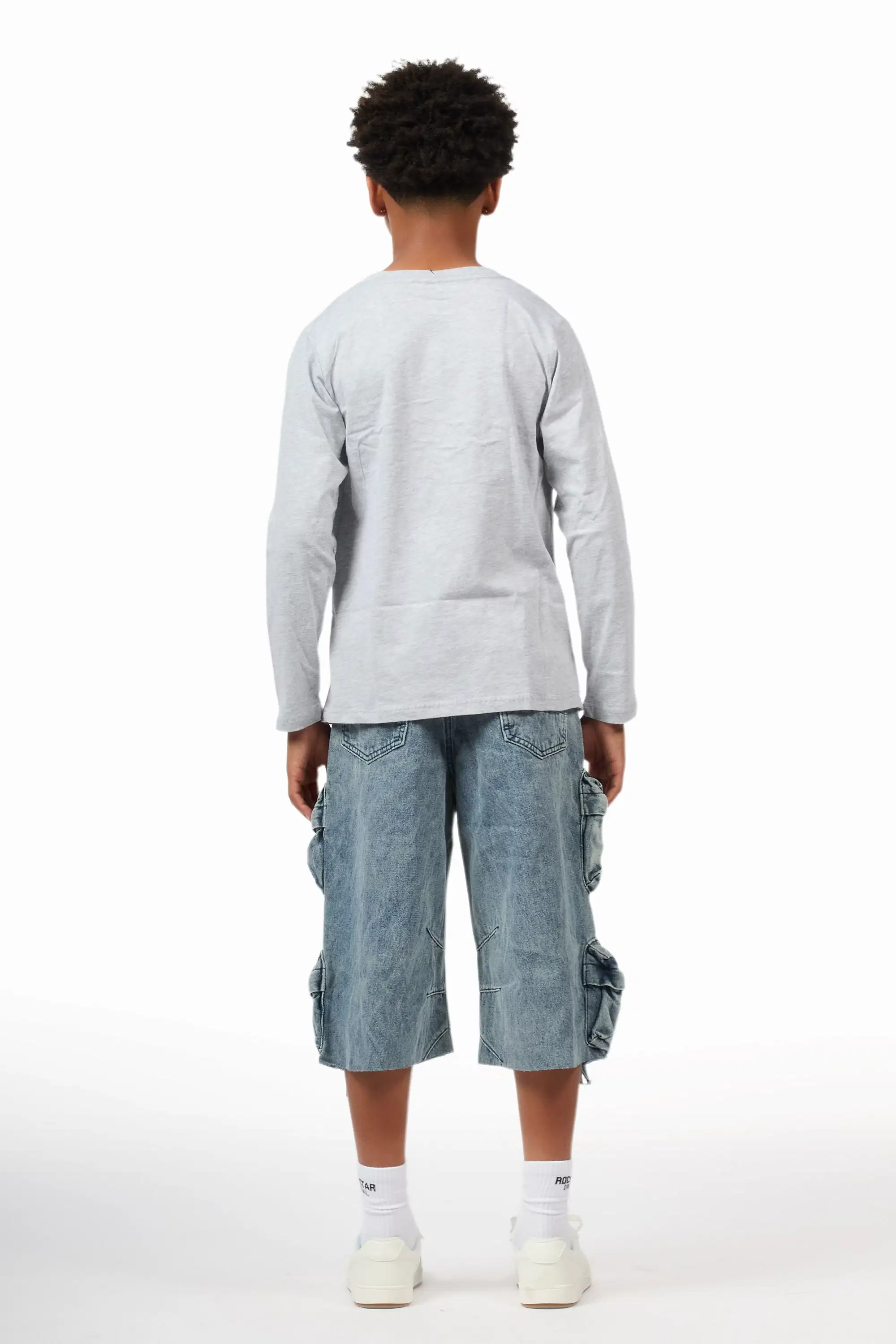 Boys Jesus Crayon Grey/Blue Long Sleeve T-Shirt/Denim Short Set - Image 4