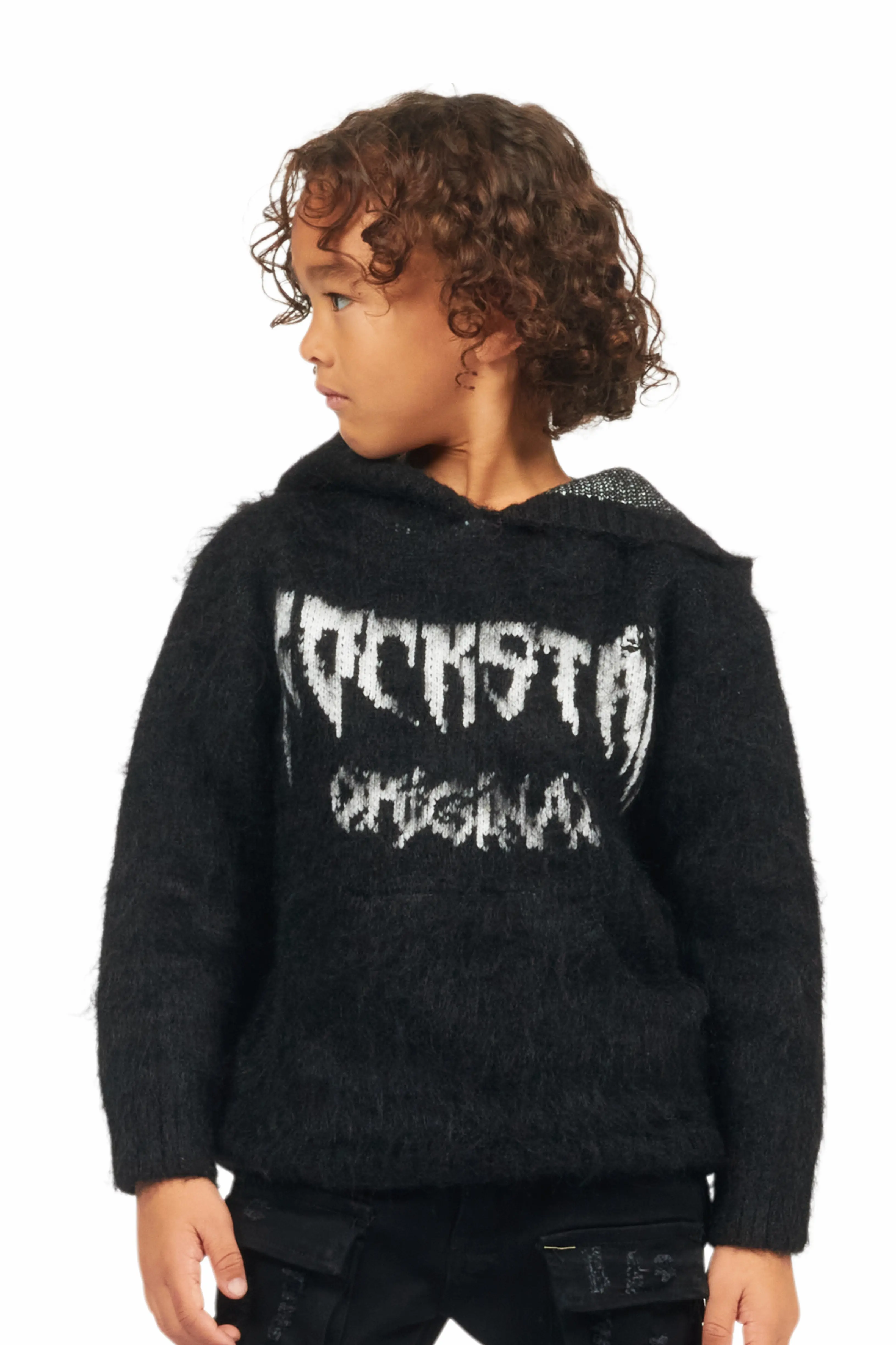 Boys Andros Black Graphic Knit Hoodie - Image 4