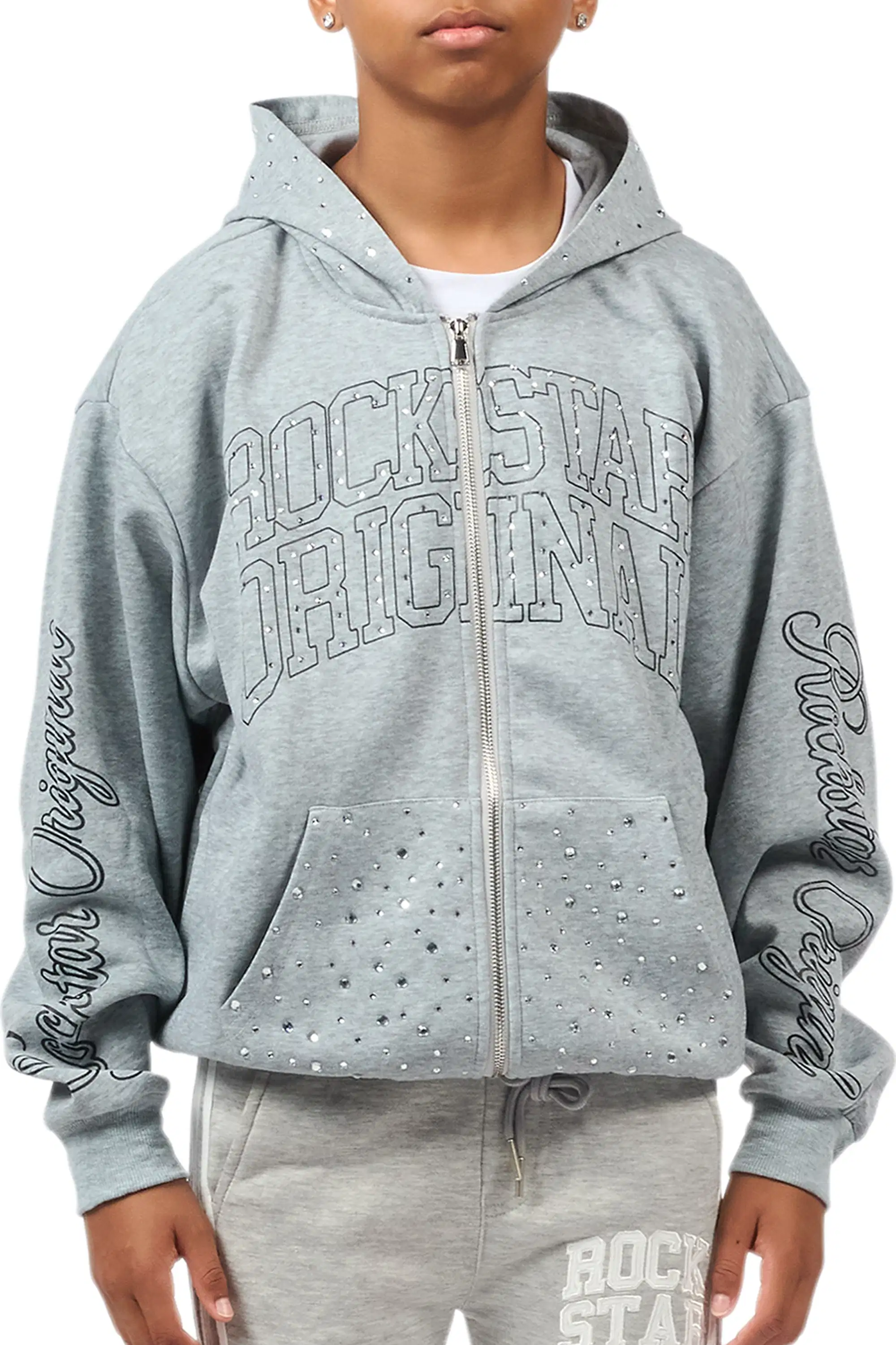Boys Alvino Grey Rhinestone Zip Up Hoodie - Image 8