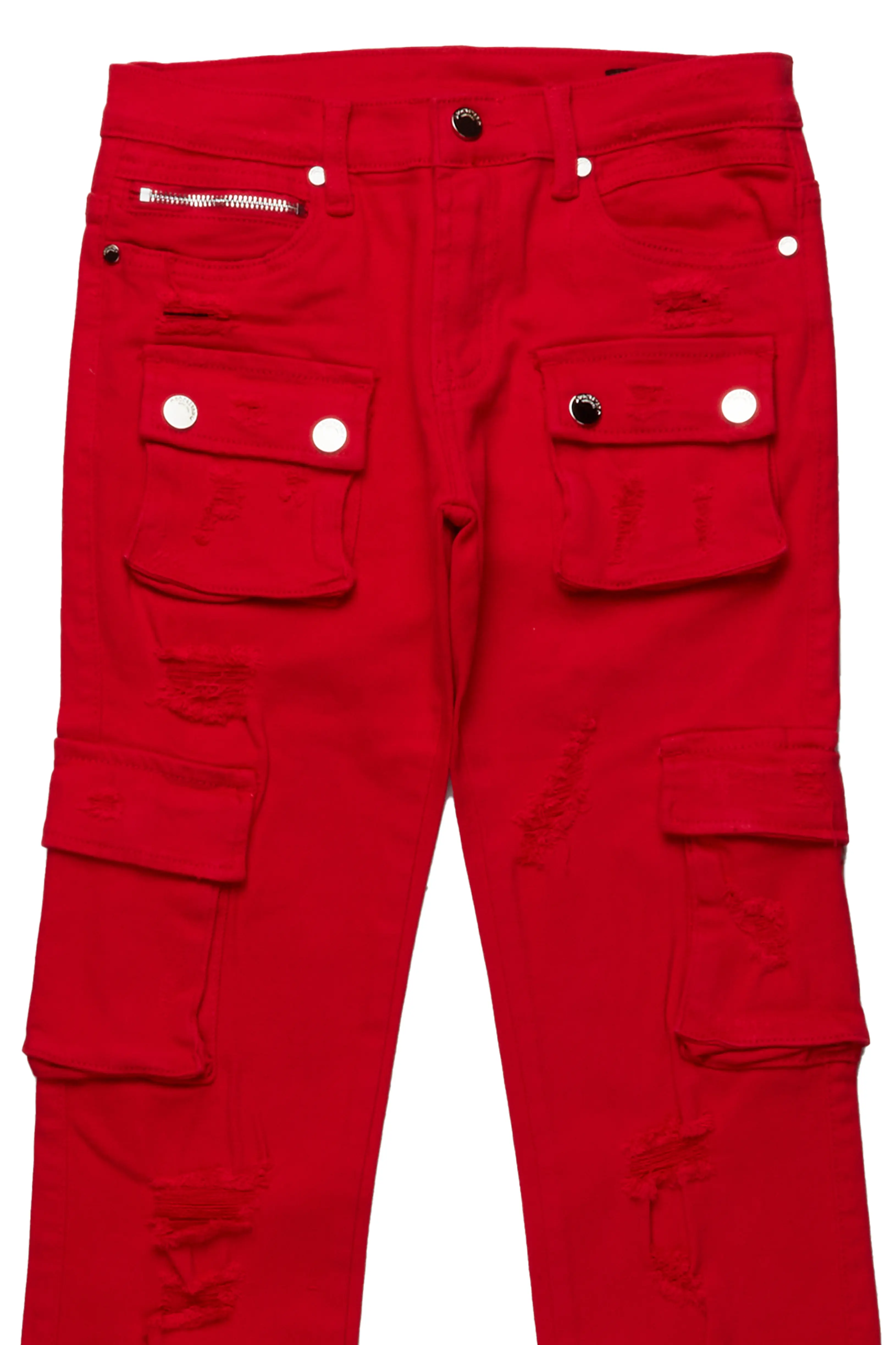 Boys Zaire Red Cargo Super Stacked Flare Jean - Image 7