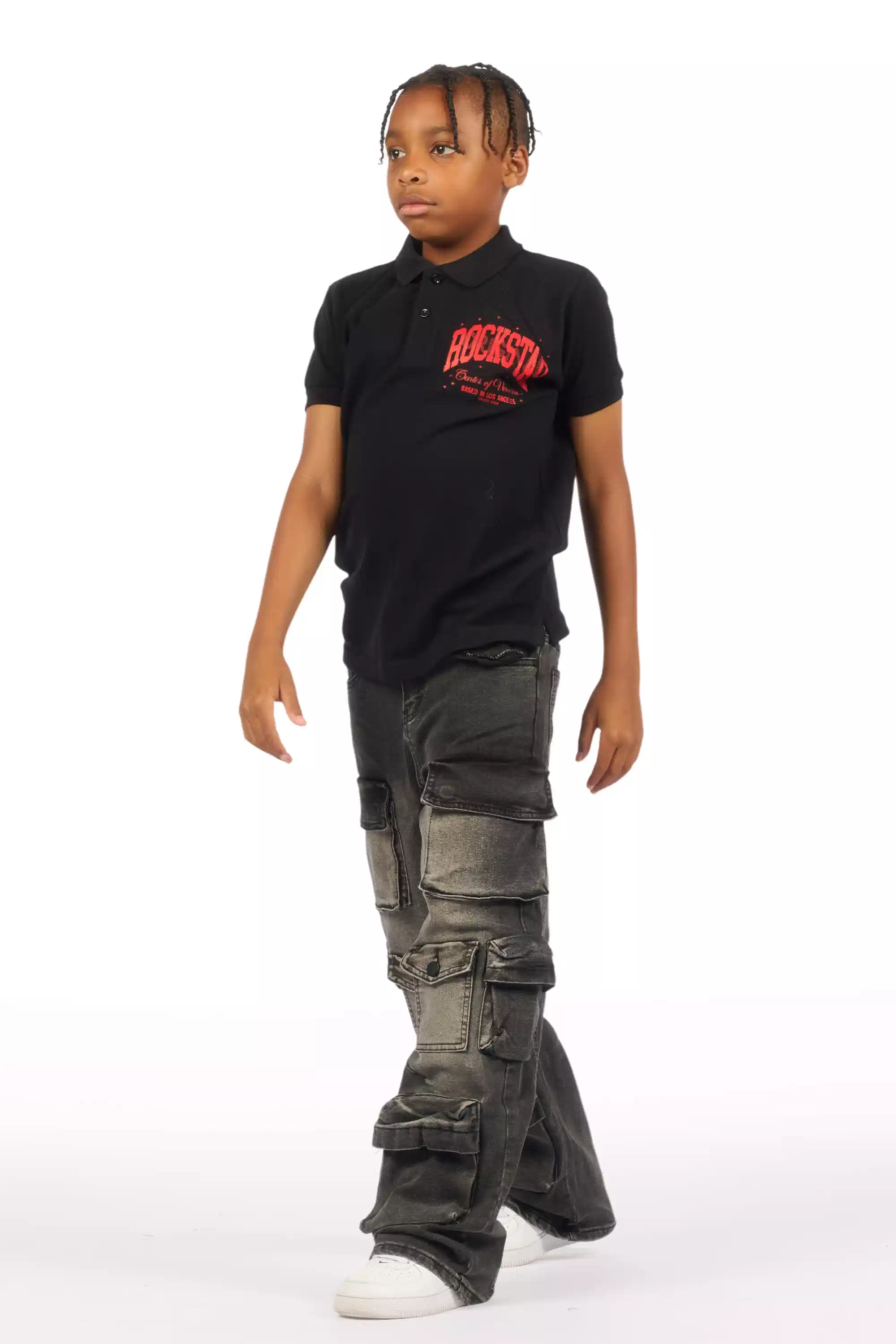 Boys Mahesh Dark Grey Tint Wash  Baggy Cargo Jean - Image 6