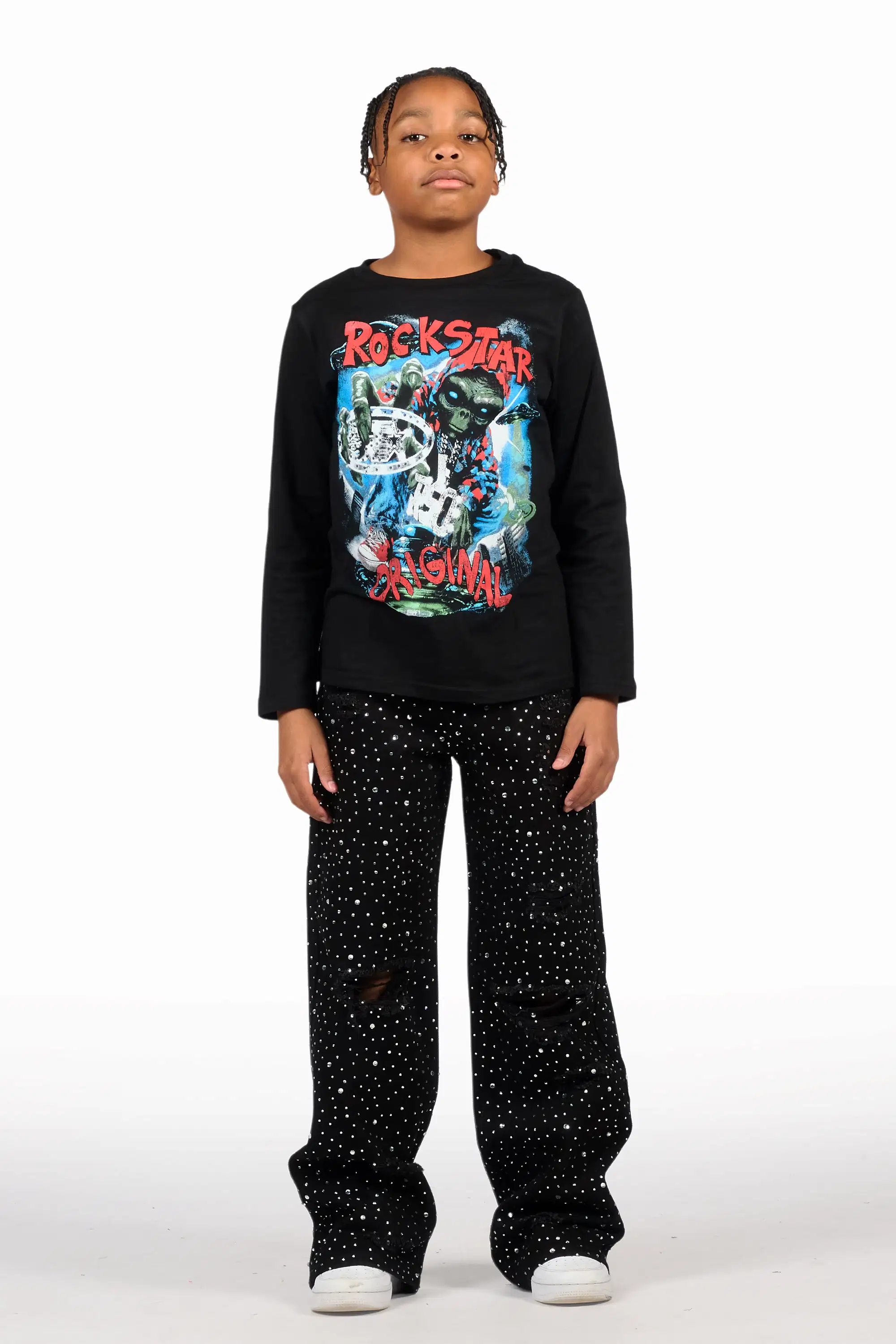 Boys Discolite Jet Black Rhinestone Baggy Jean - Image 3