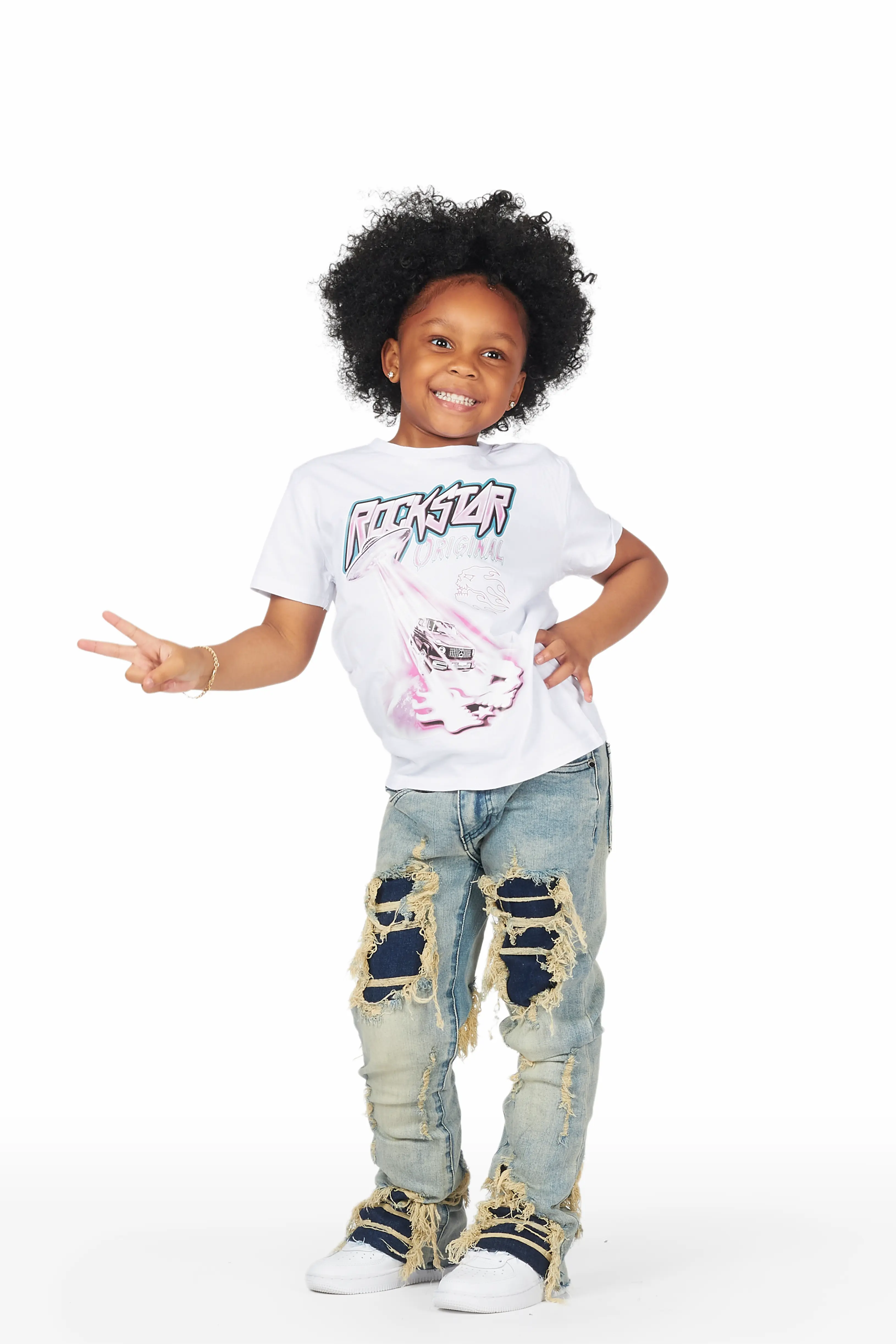 Girls Abbie Blue Stacked Flare Jean - Image 3