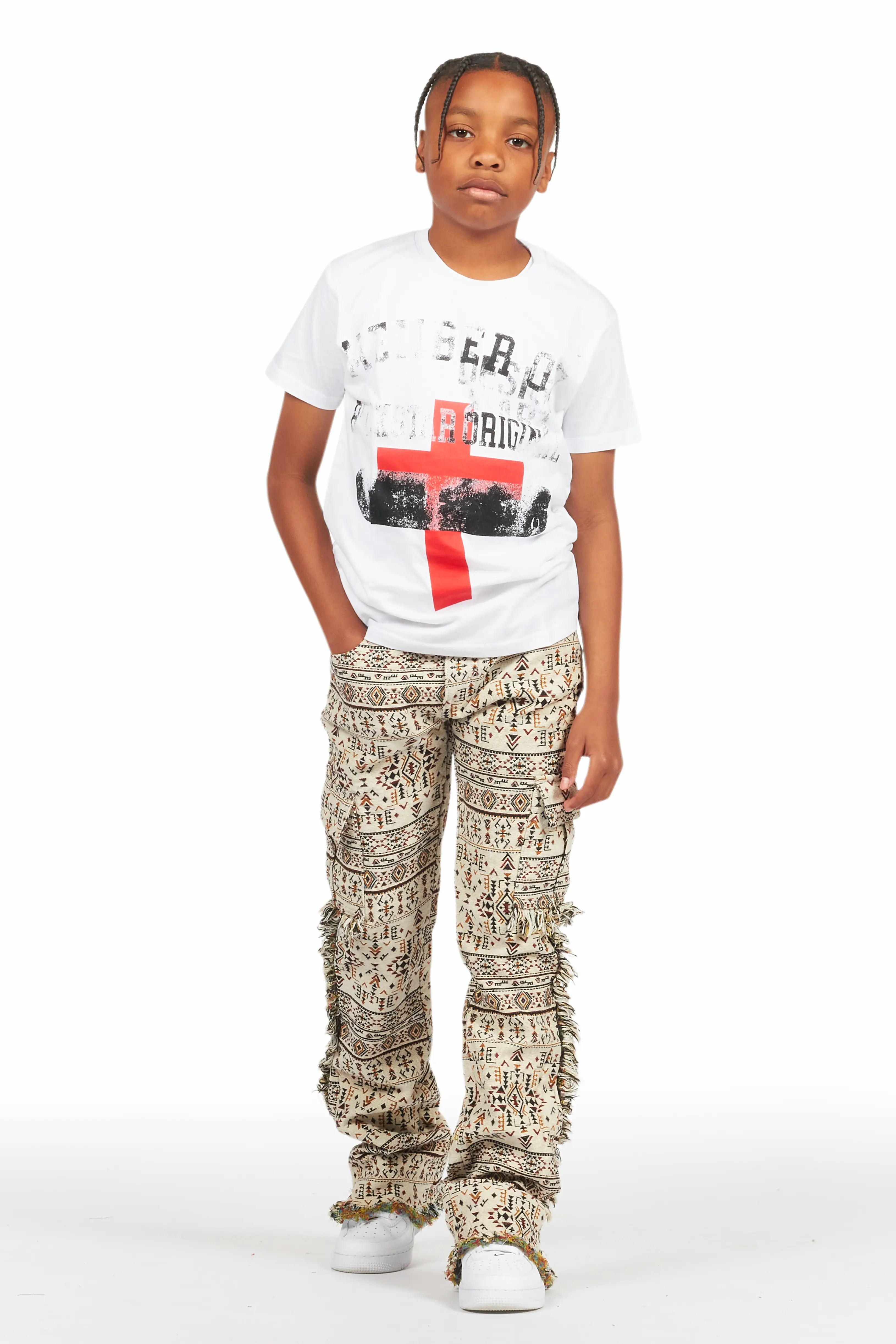 Boys Ayami Beige Slim Tapestry Flare Pants - Image 3