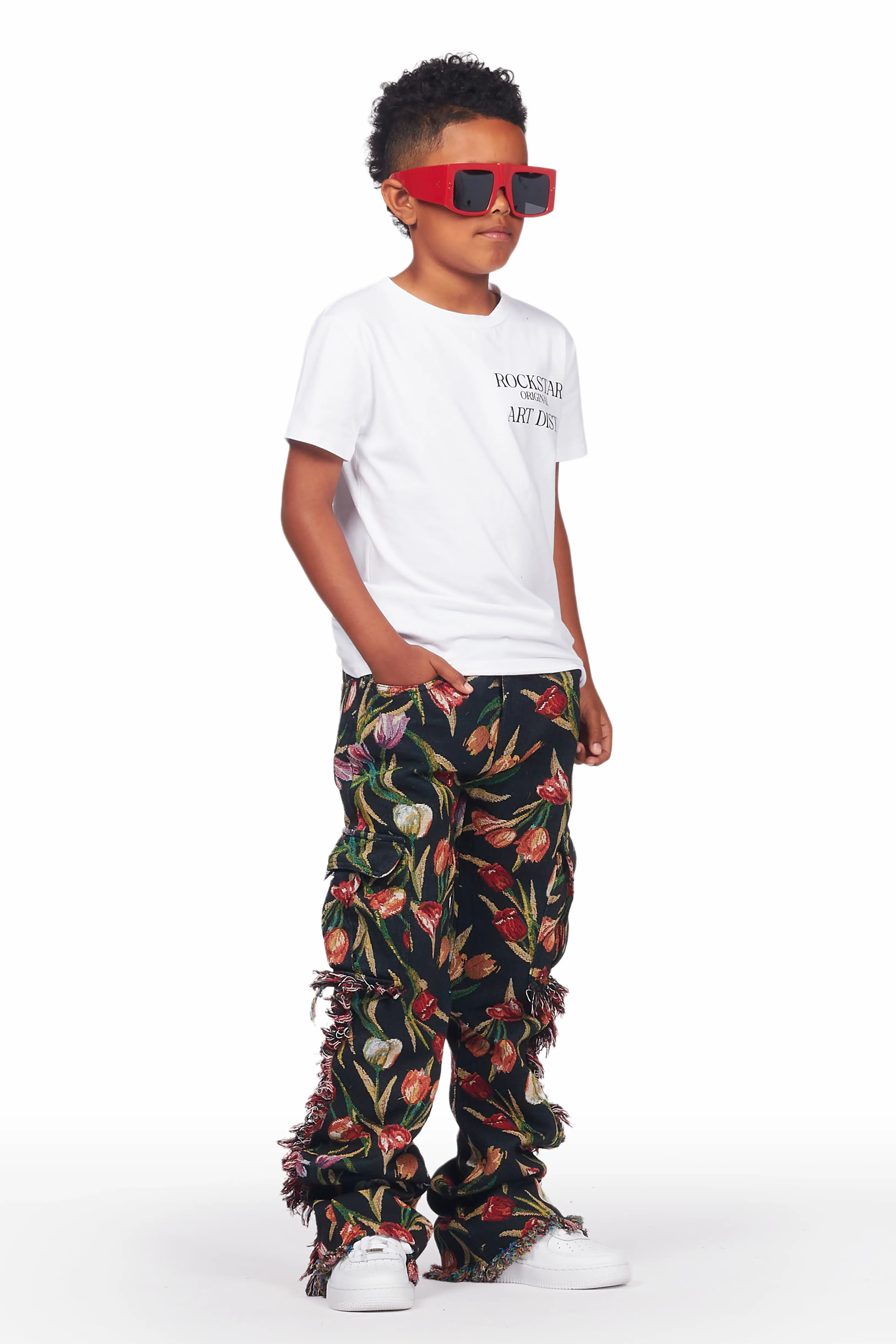 Boys Ayami Black Slim Tapestry Flare Pants - Image 6