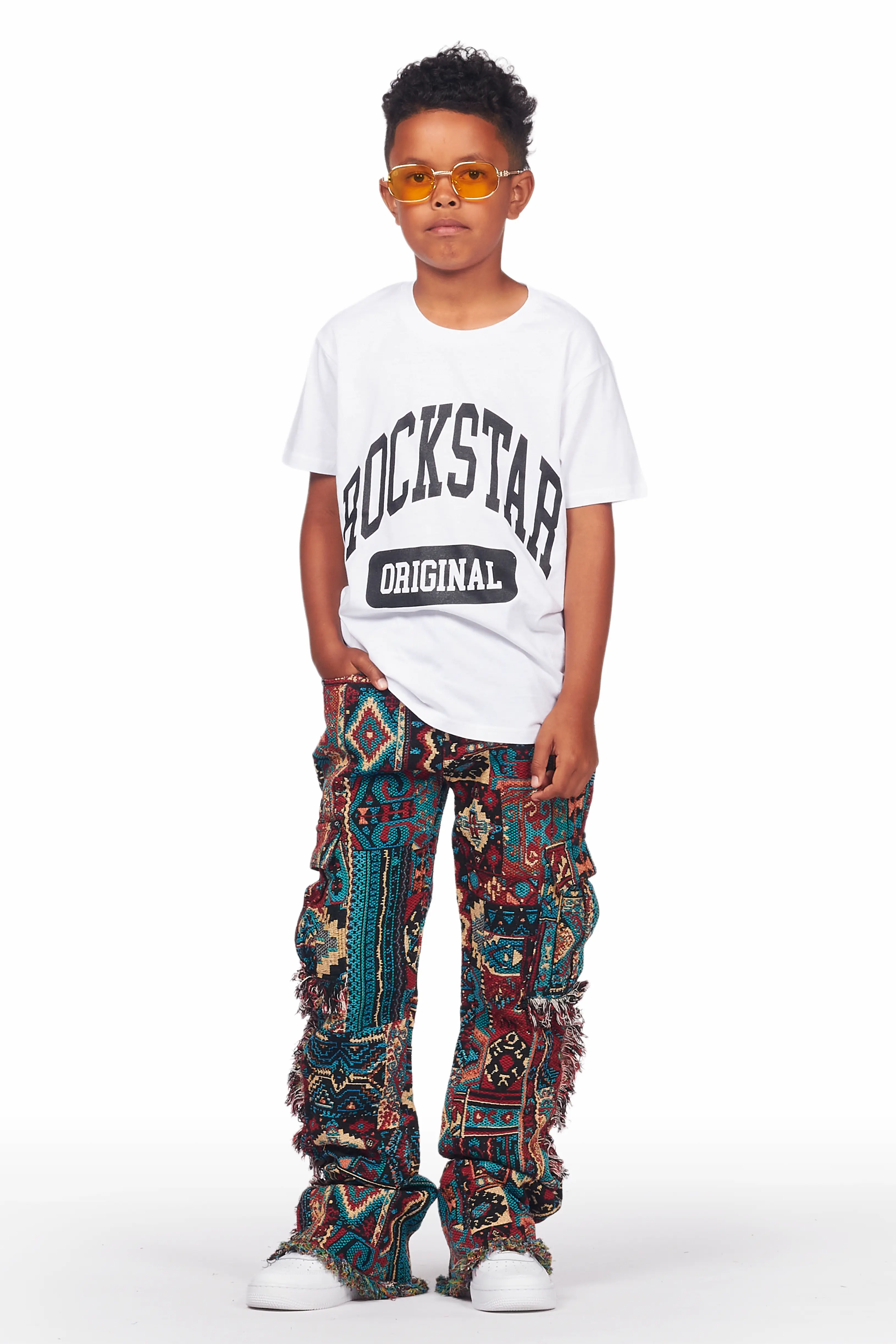 Boys Ayami Red Slim Tapestry Flare Pants - Image 5