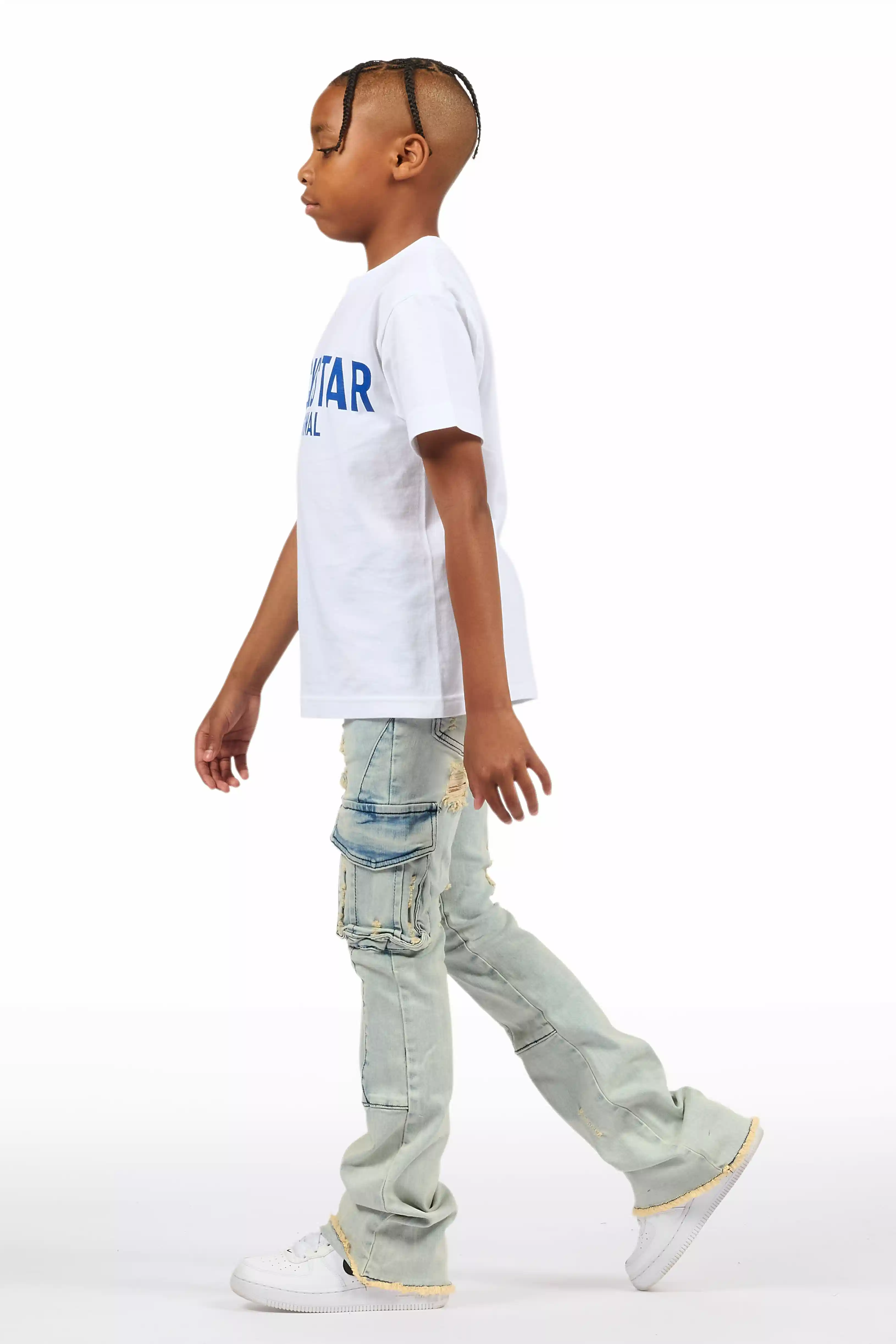 Boys Adalee Blue Slim Stacked Flare Cargo Jean - Image 6