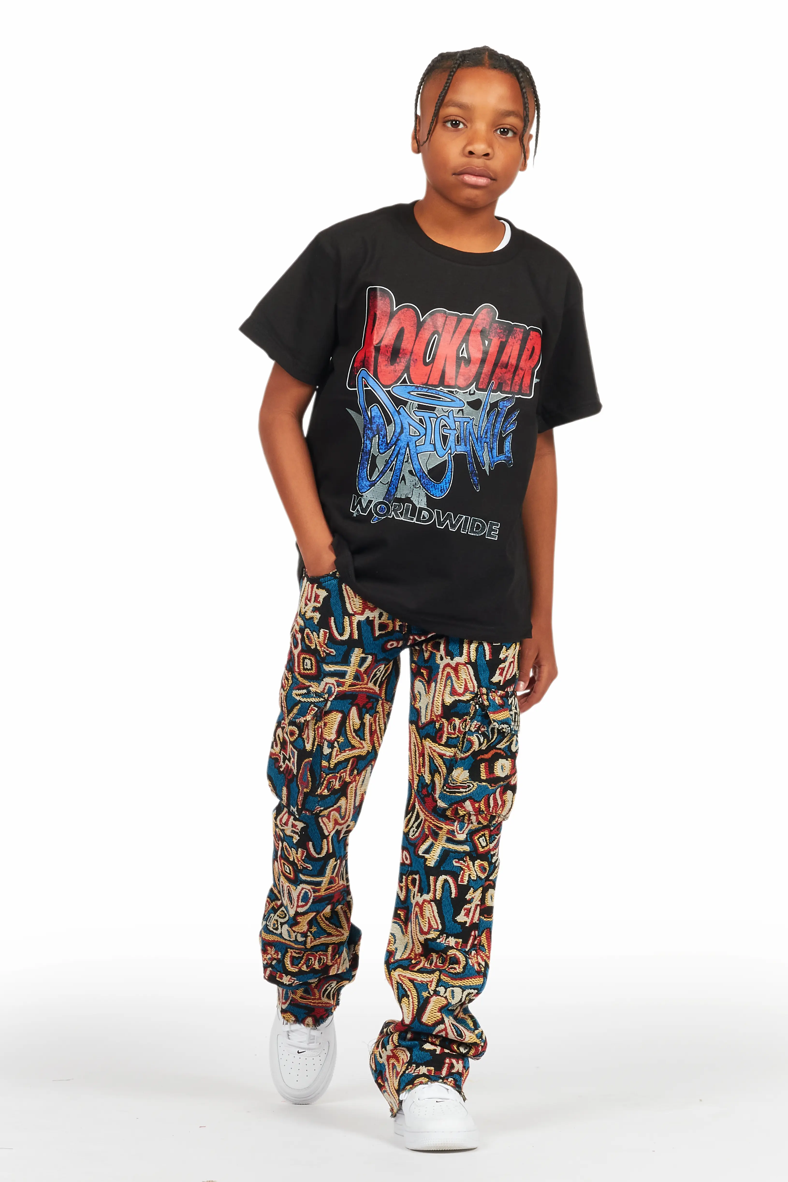 Boys Tyrell Blue Multi Tapestry Stacked Flare Jean - Image 3
