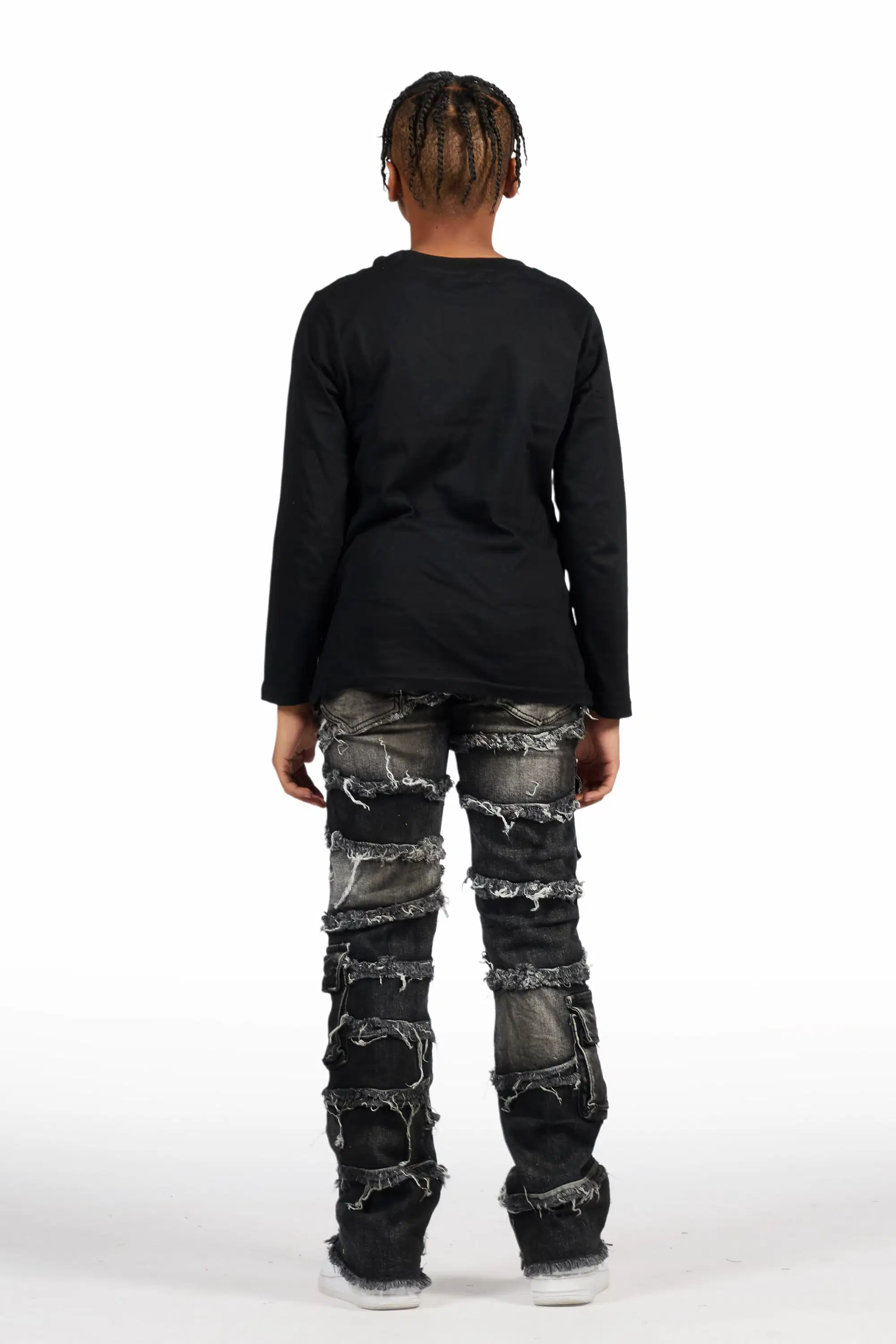 Boys Yves Jet Black Stacked Flare Cargo Jean - Image 5