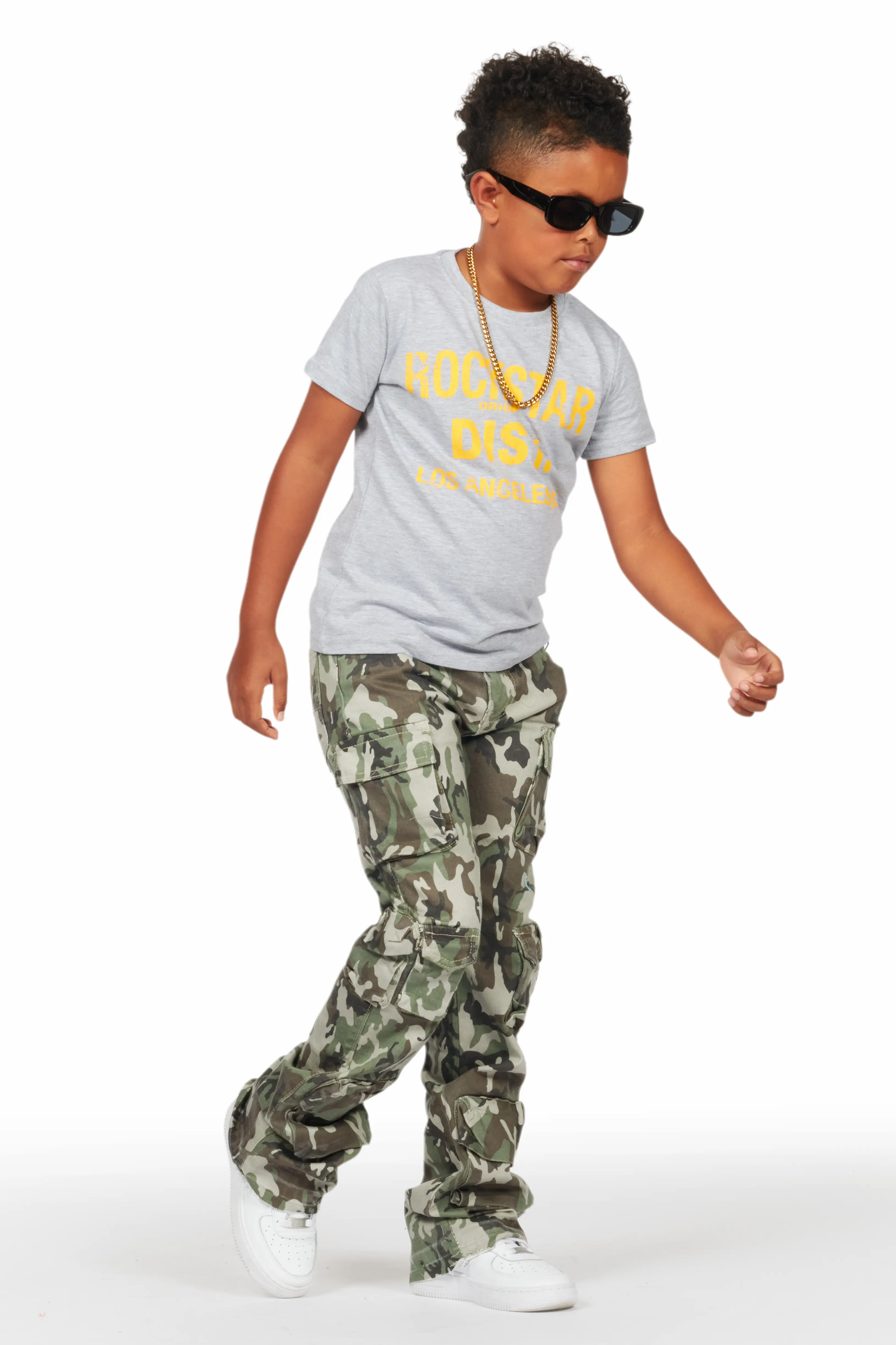 Boys Yves Green Camo Stacked Flare Cargo Jean - Image 5