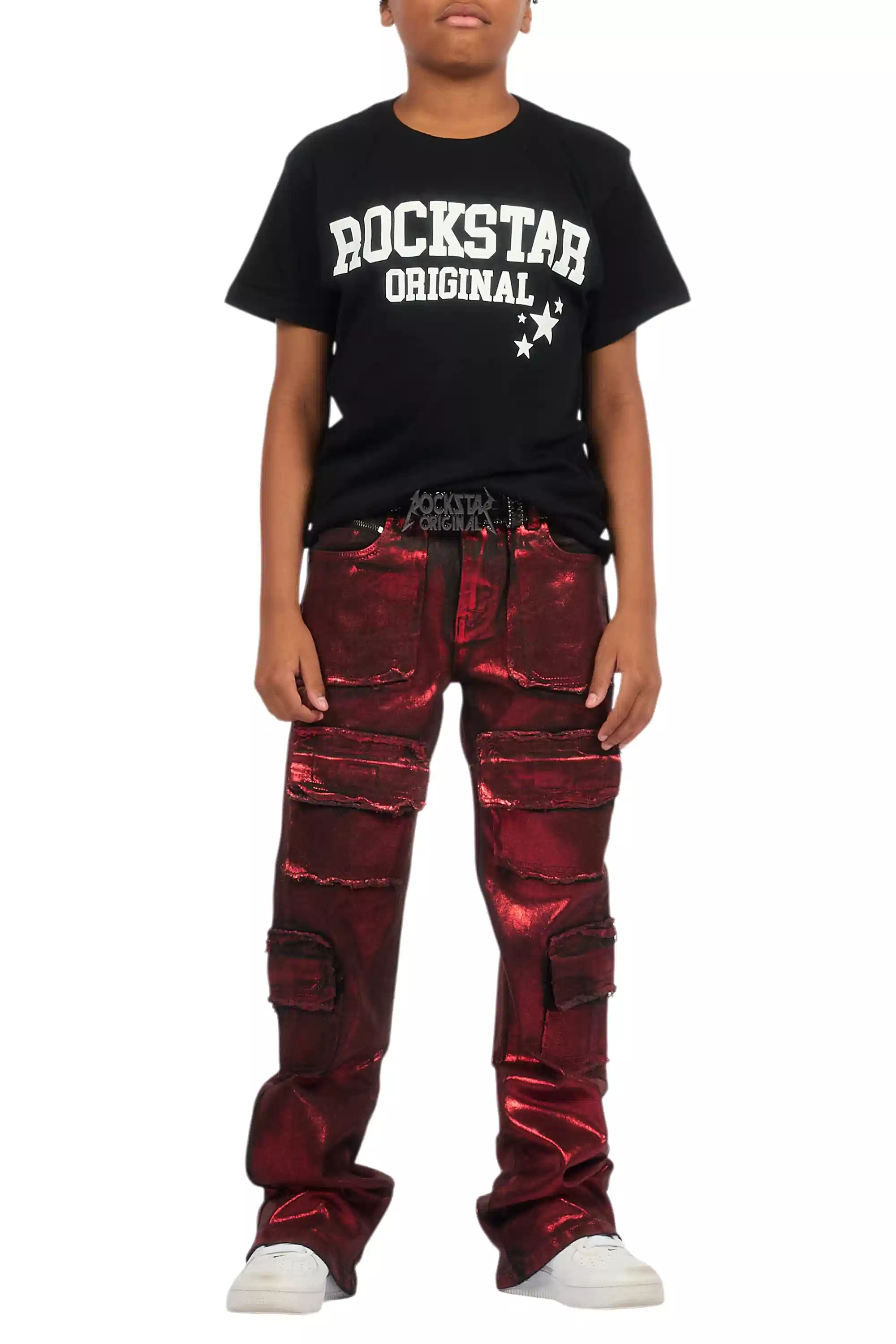 Boys Tyrell Red Metallic Coated Stacked Flare Jean - Image 10