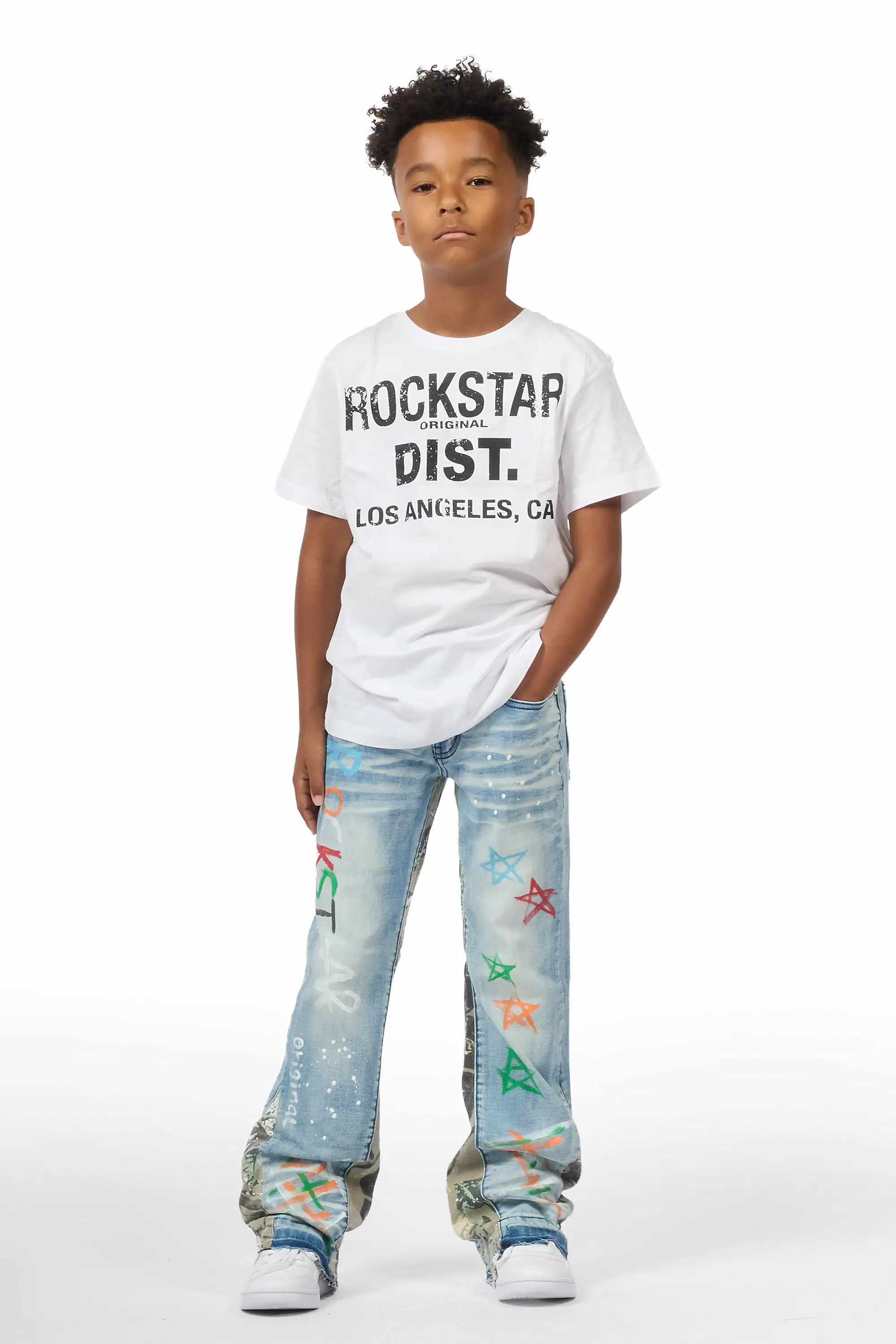 Boys Strass Blue Painted Stacked Flare Jean - Image 3