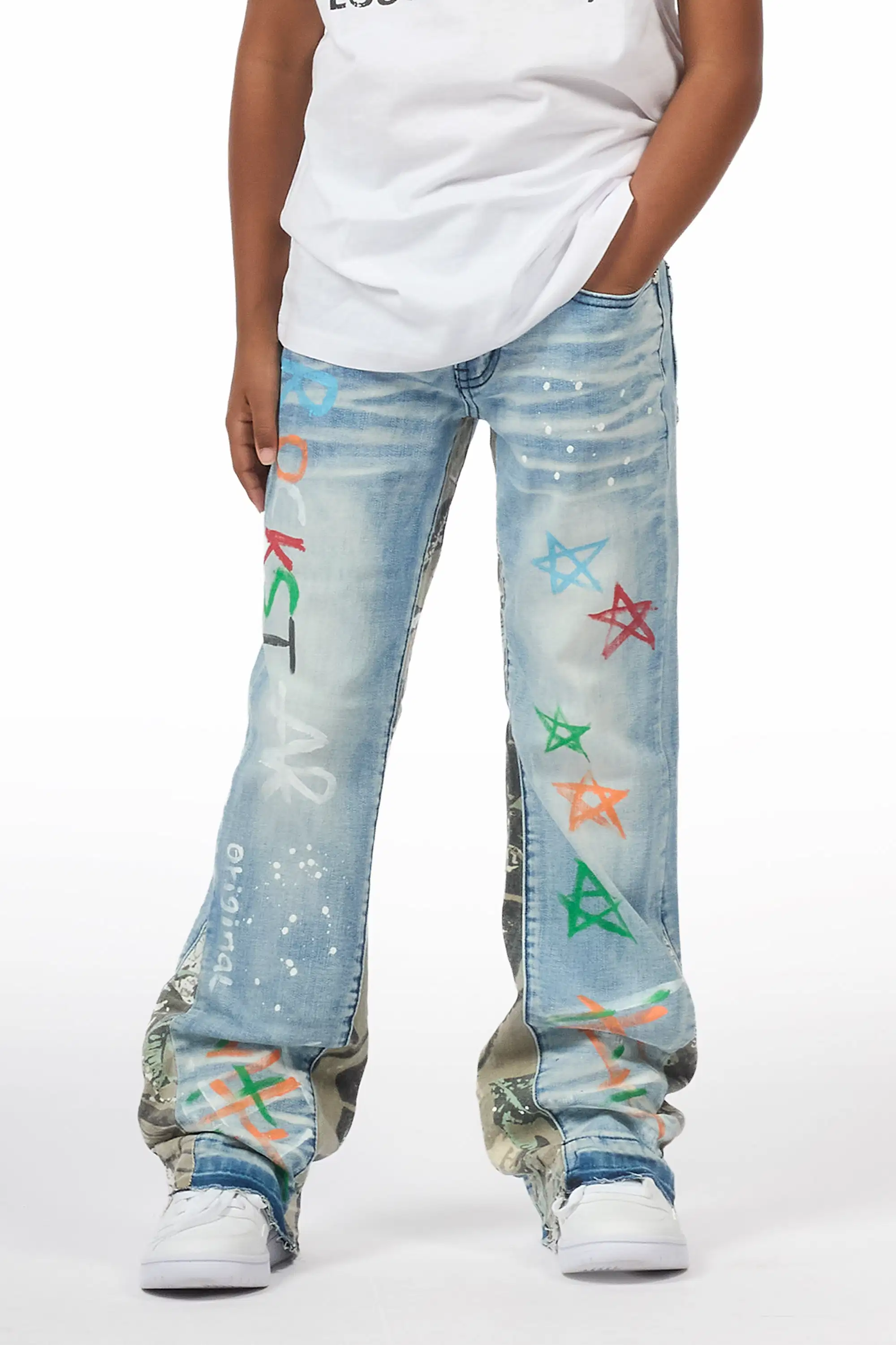 Boys Strass Blue Painted Stacked Flare Jean - Image 8