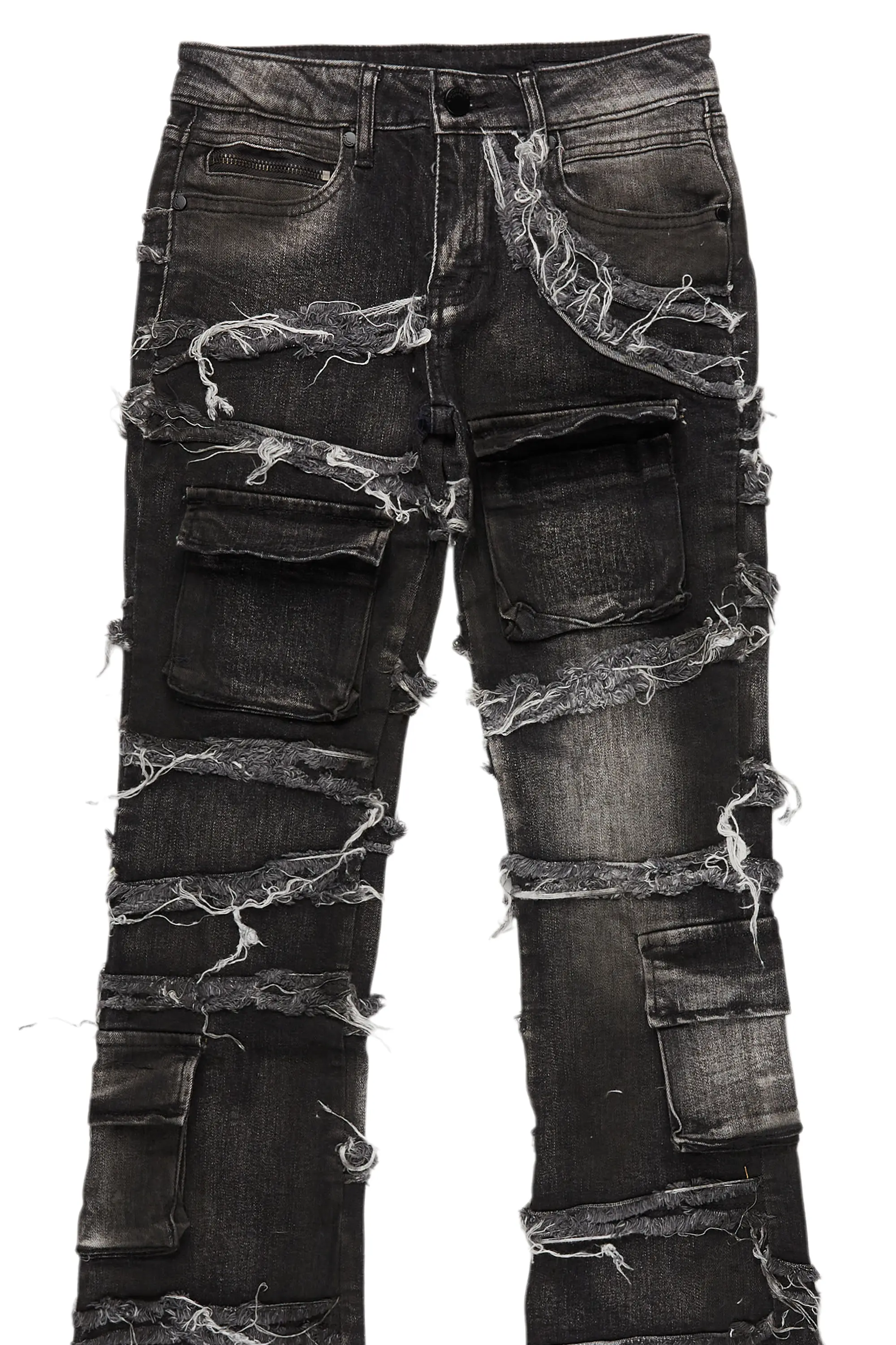 Boys Yves Black Ripped Stacked Flare Cargo Jeans - Image 2