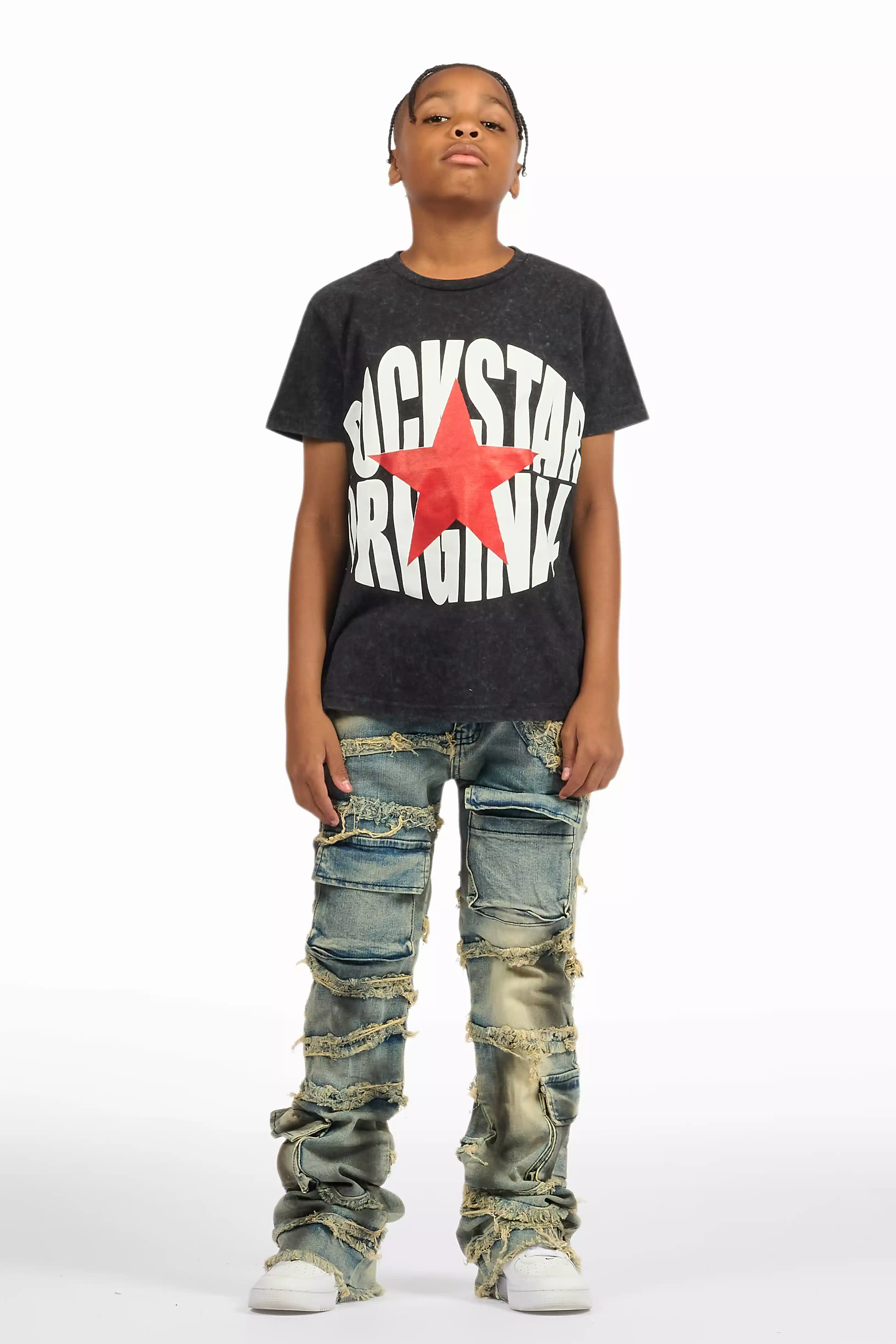 Boys Yves Blue Ripped Stacked Flare Cargo Jeans - Image 3